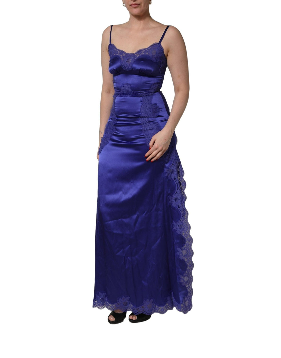 Dolce & Gabbana Blue Sleeveless Lace Trim A - line Gown Dress - RIMODA