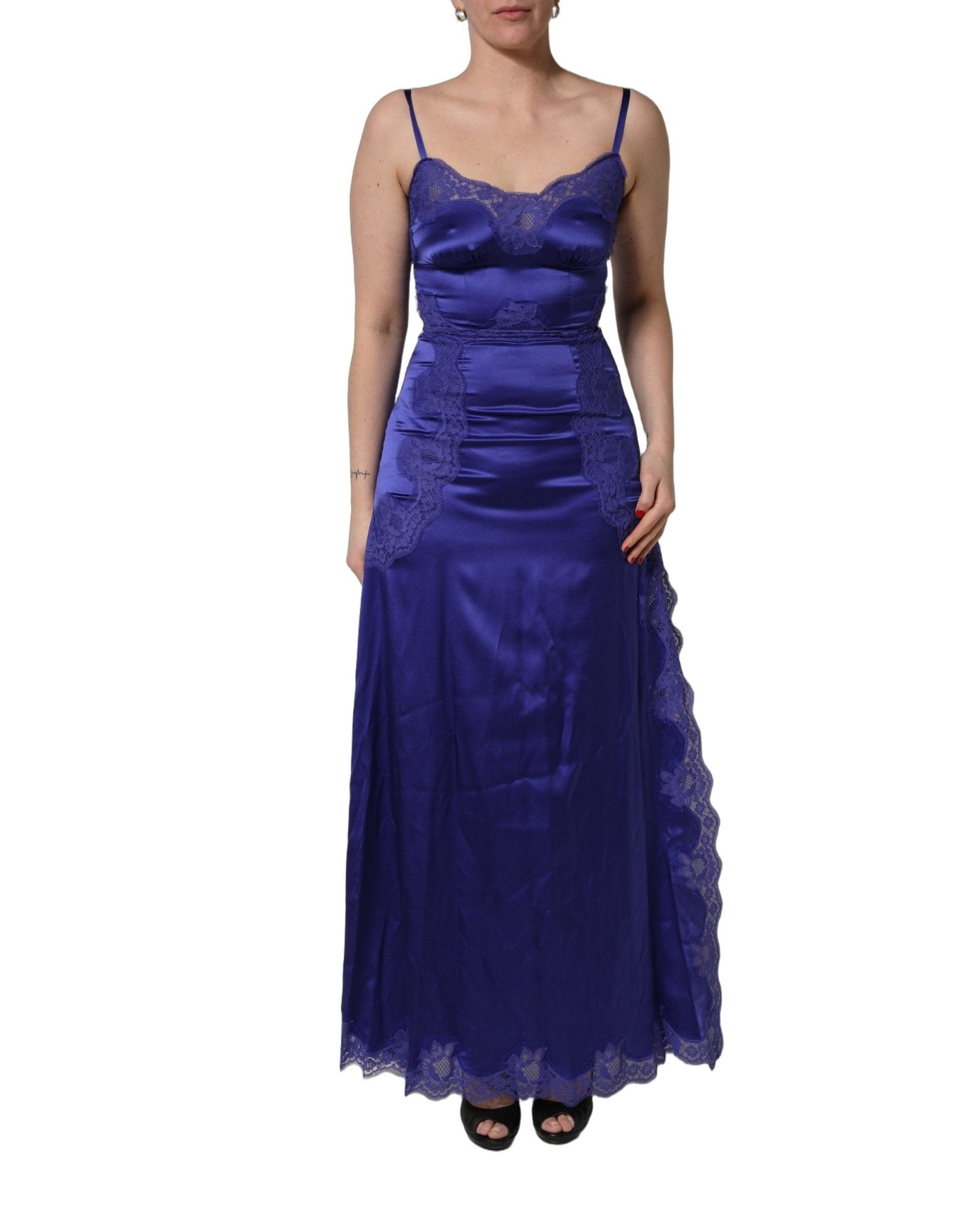 Dolce & Gabbana Blue Sleeveless Lace Trim A - line Gown Dress - RIMODA