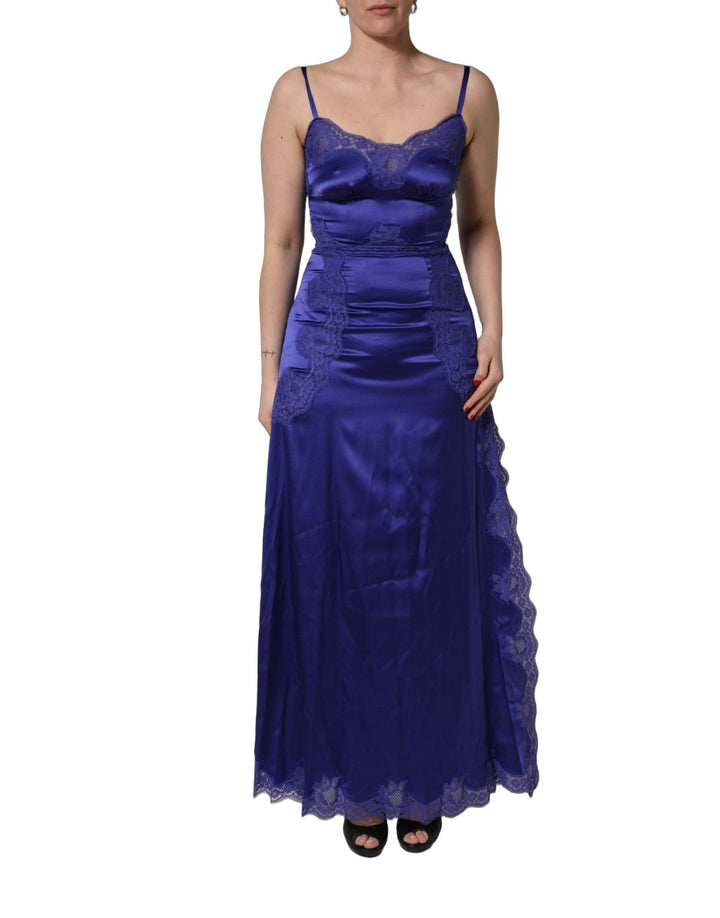 Dolce & Gabbana Blue Sleeveless Lace Trim A - line Gown Dress - RIMODA