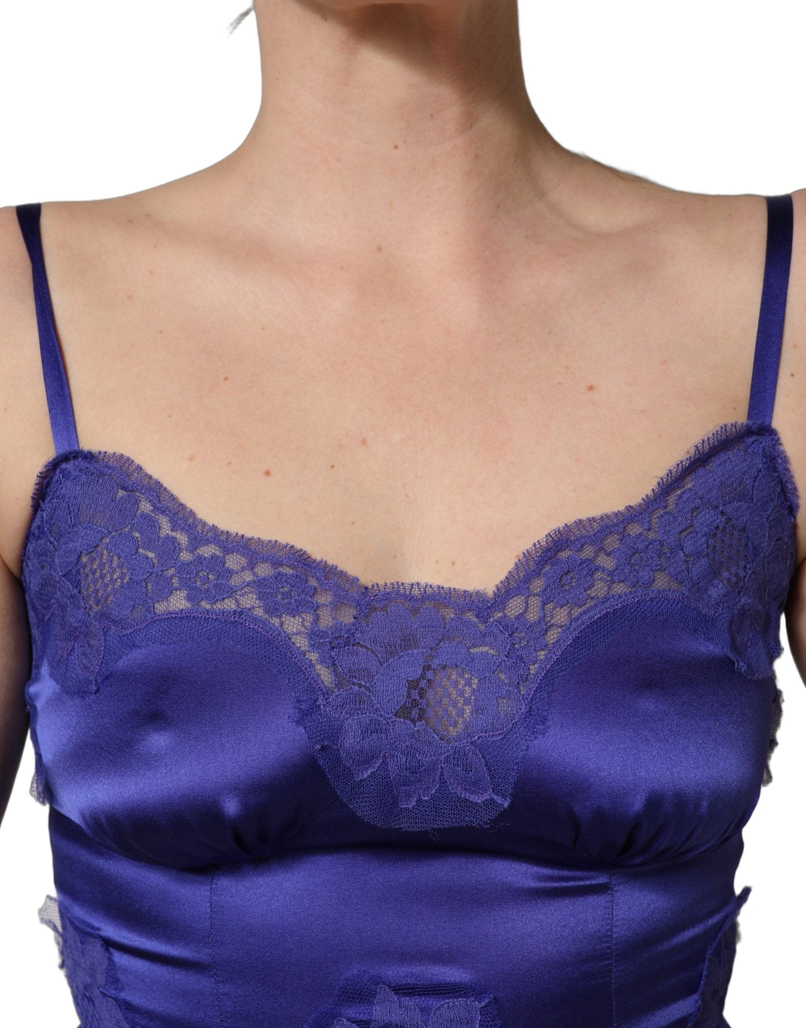 Dolce & Gabbana Blue Sleeveless Lace Trim A - line Gown Dress - RIMODA