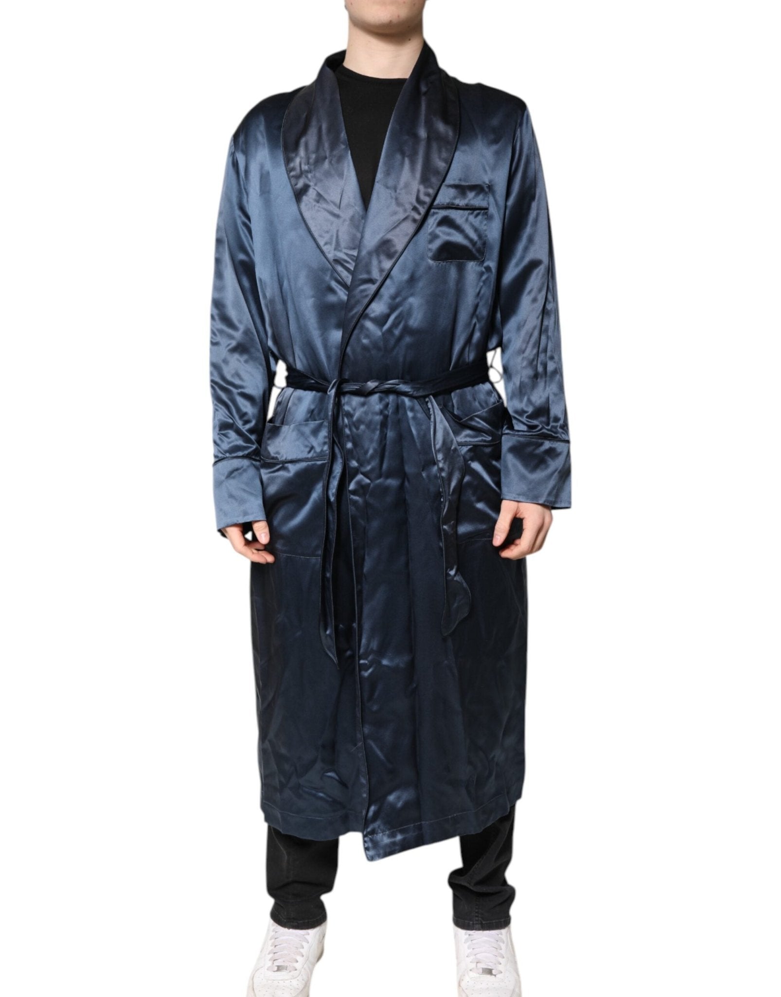 Dolce & Gabbana Blue Solid Silk Men Wrap Robe Coat Jacket - RIMODA