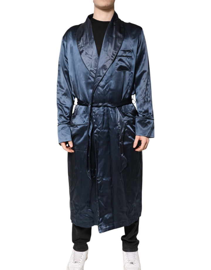 Dolce & Gabbana Blue Solid Silk Men Wrap Robe Coat Jacket - RIMODA