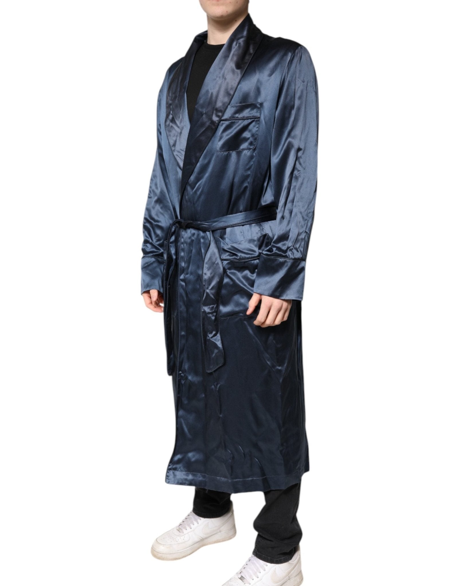 Dolce & Gabbana Blue Solid Silk Men Wrap Robe Coat Jacket - RIMODA