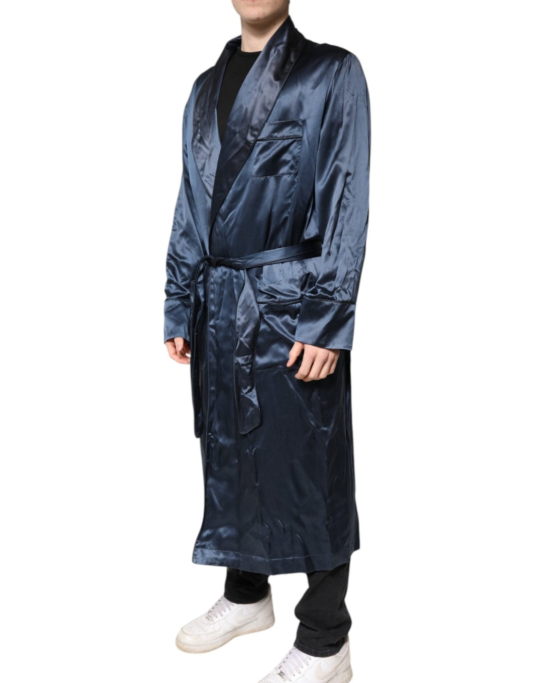 Dolce & Gabbana Blue Solid Silk Men Wrap Robe Coat Jacket - RIMODA