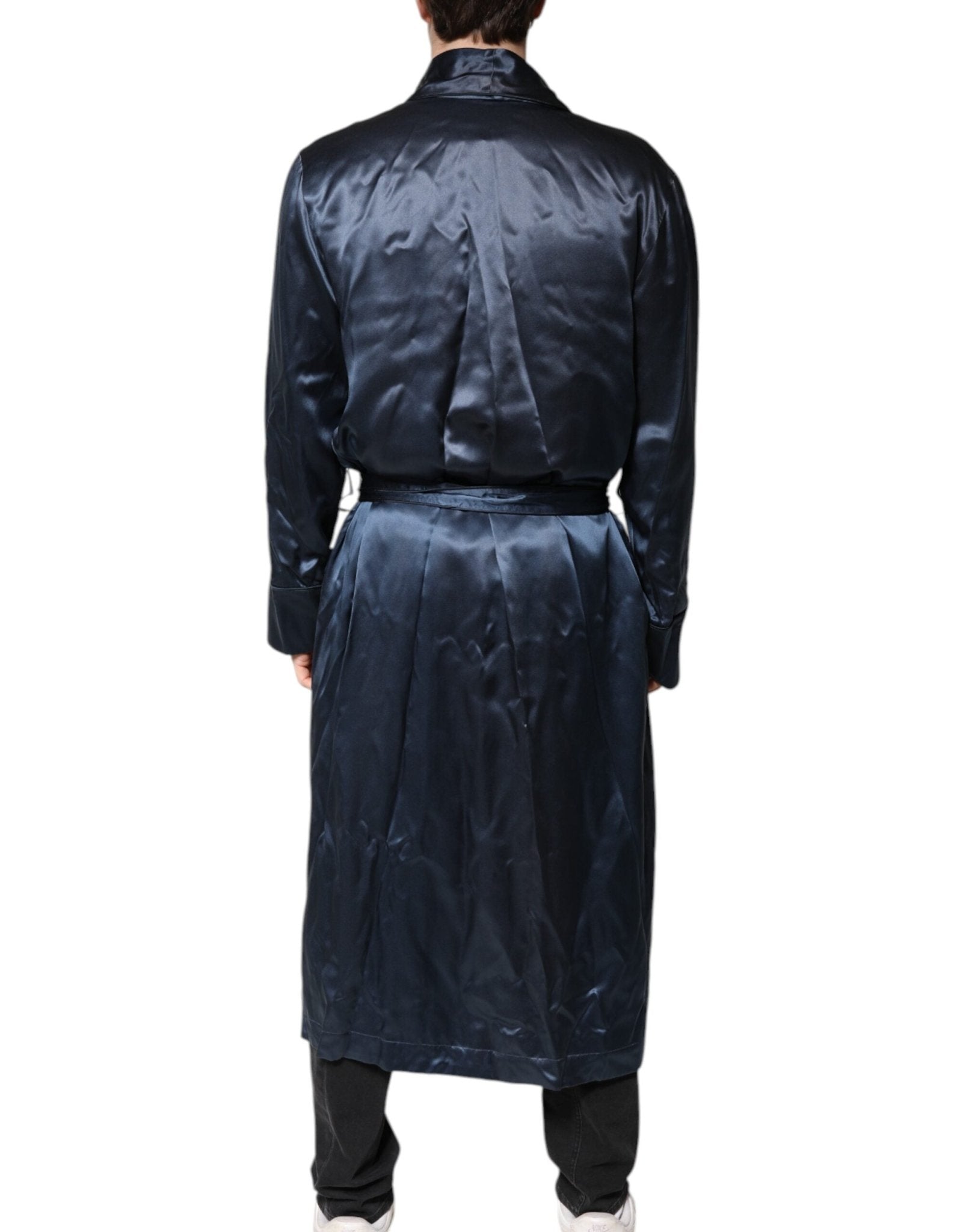 Dolce & Gabbana Blue Solid Silk Men Wrap Robe Coat Jacket - RIMODA