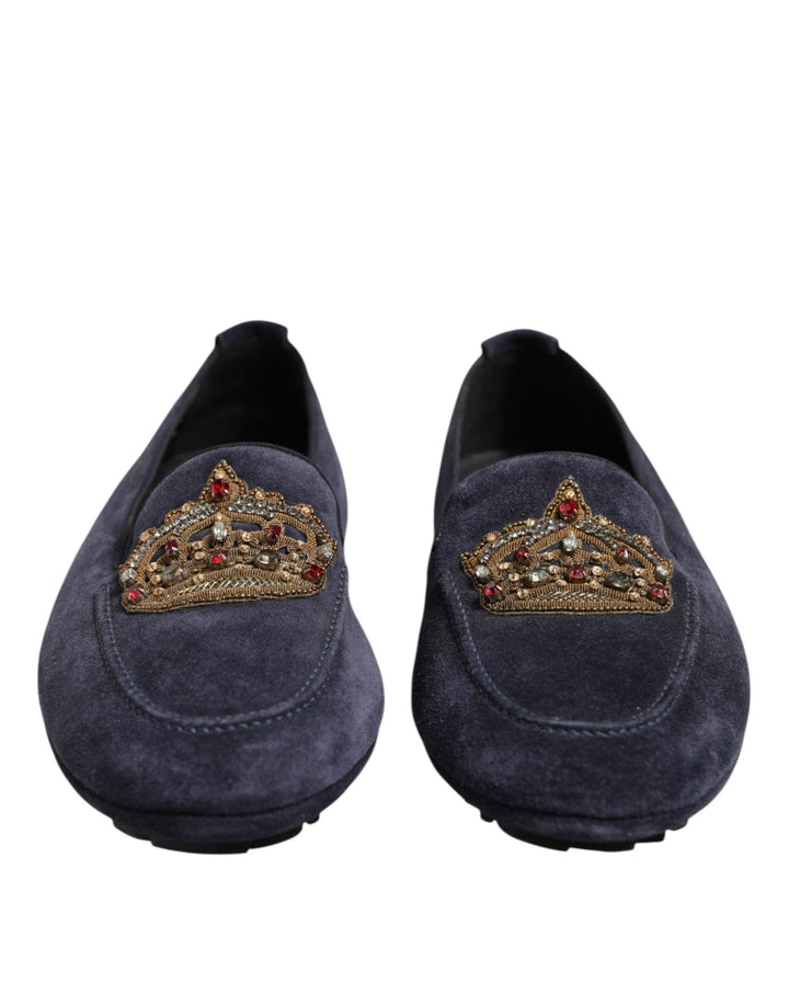 Dolce & Gabbana Blue Suede Crown Crystal Loafers Dress Shoes - RIMODA