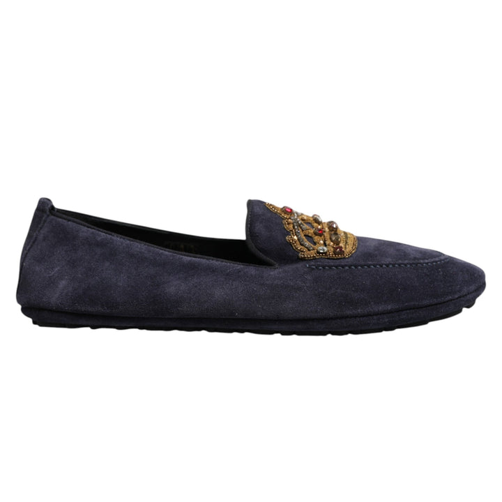 Dolce & Gabbana Blue Suede Crown Crystal Loafers Dress Shoes - RIMODA