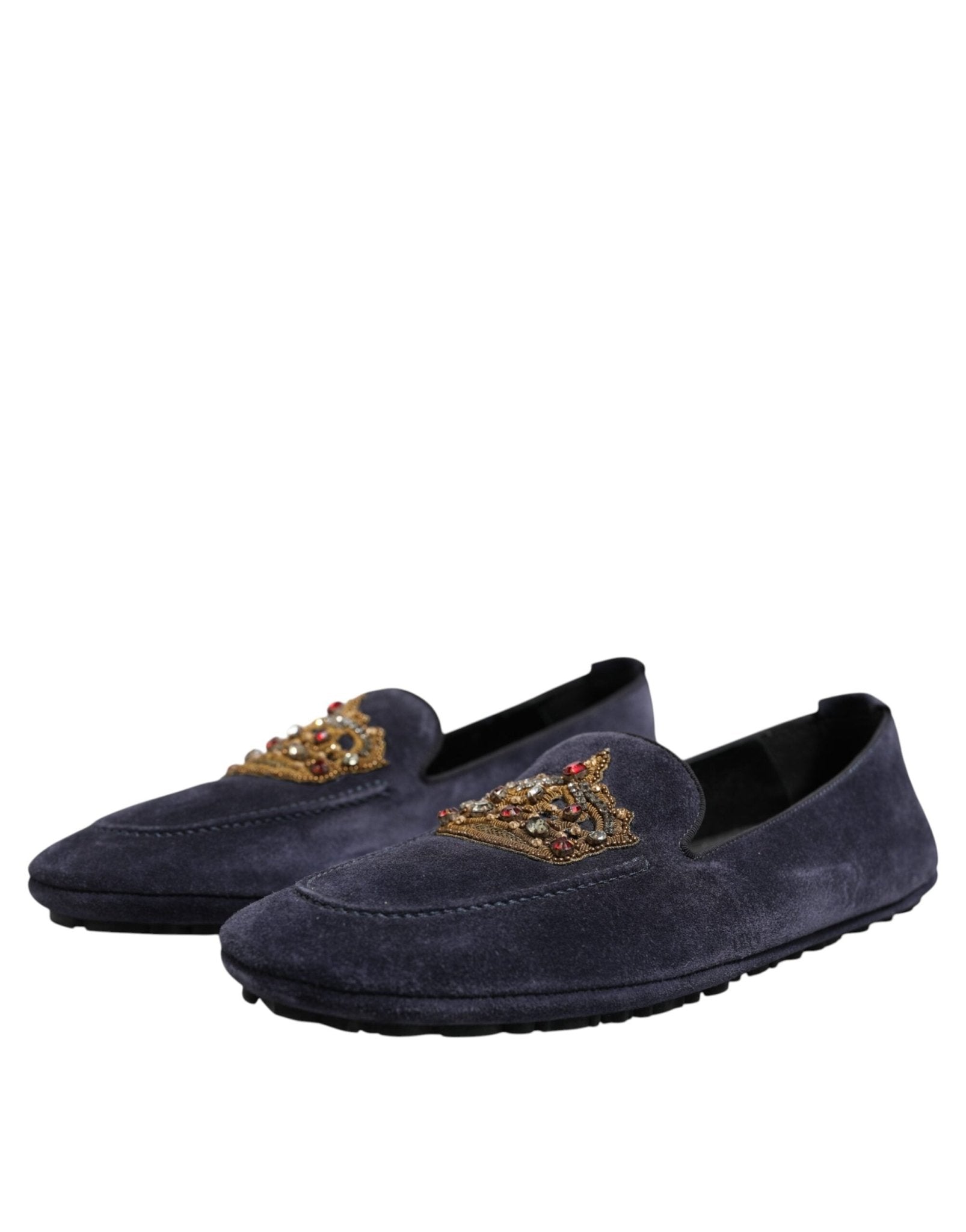 Dolce & Gabbana Blue Suede Crown Crystal Loafers Dress Shoes - RIMODA