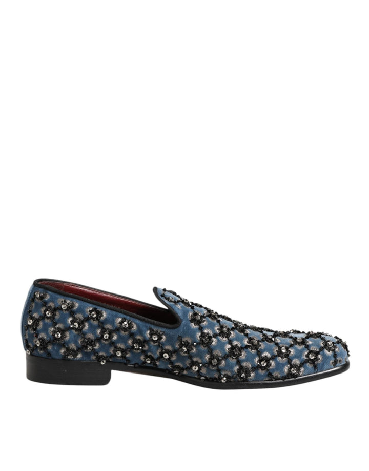 Dolce & Gabbana Blue Velvet Crystal Detailing Loafer Men Shoes - RIMODA