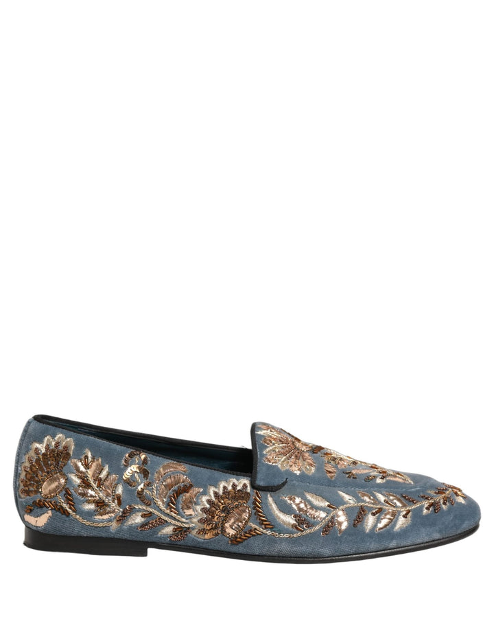 Dolce & Gabbana Blue Velvet Embellished Dress Loafers Shoes - RIMODA