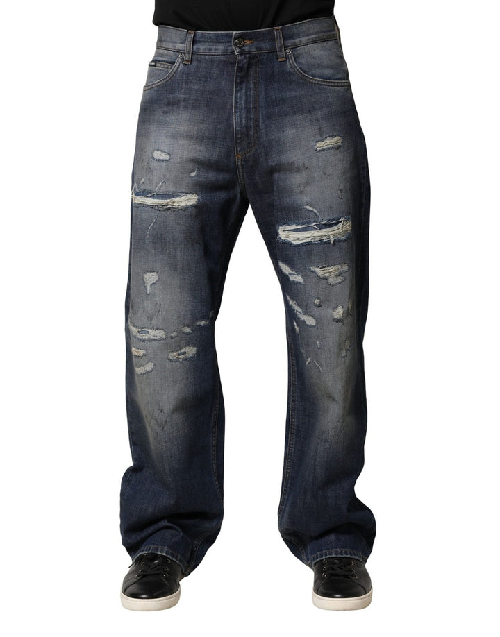 Dolce & Gabbana Blue Washed Tattered Cotton Men Jeans - RIMODA