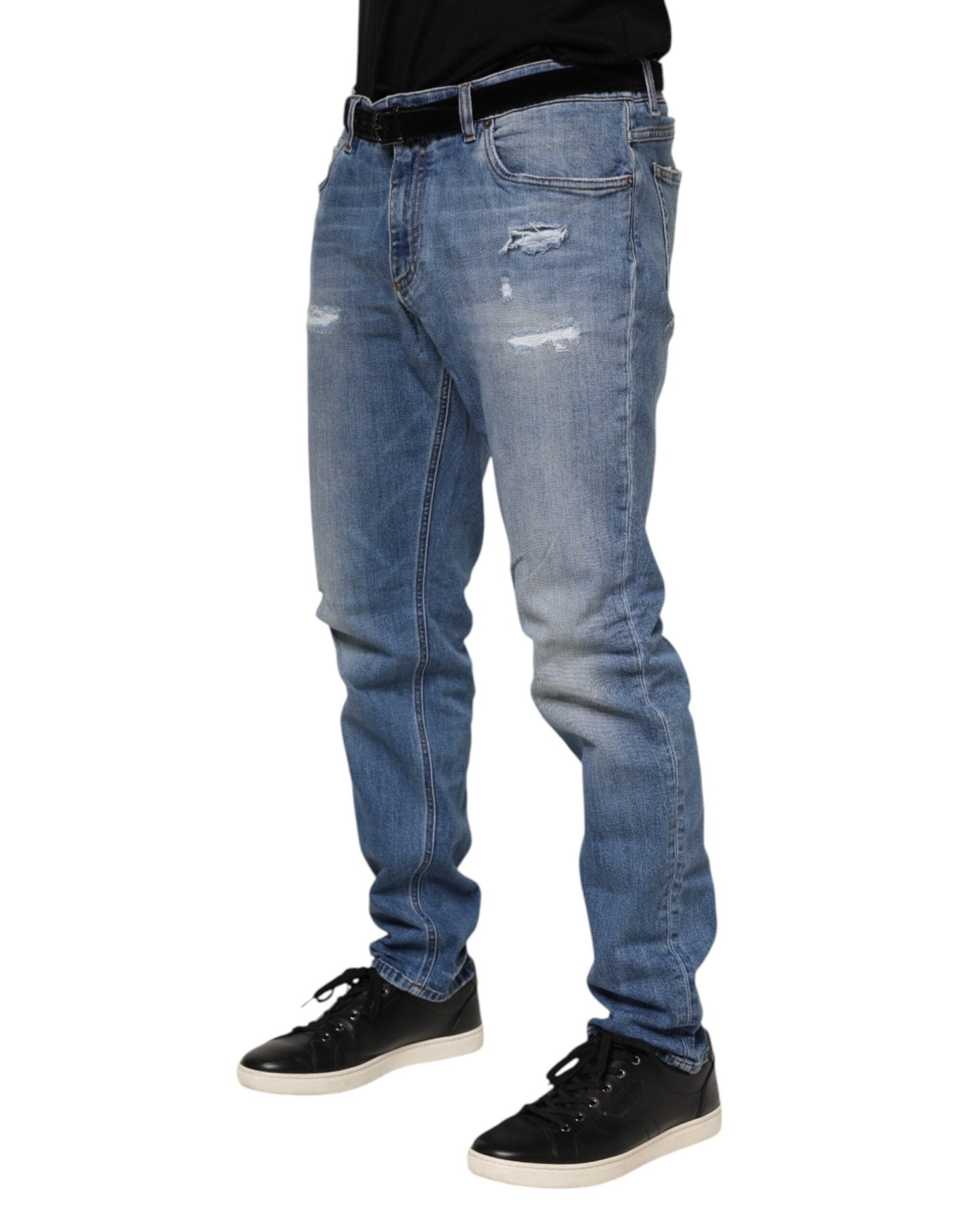 Dolce & Gabbana Blue Washed Tattered Logo Plaque Denim Jeans - RIMODA