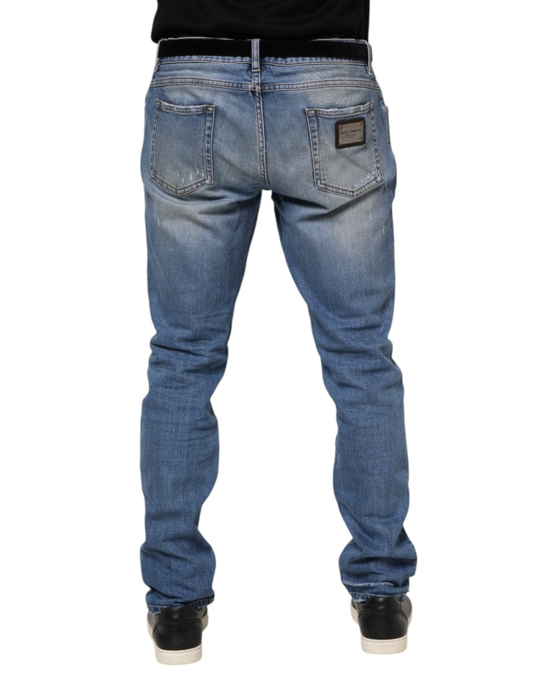 Dolce & Gabbana Blue Washed Tattered Logo Plaque Denim Jeans - RIMODA