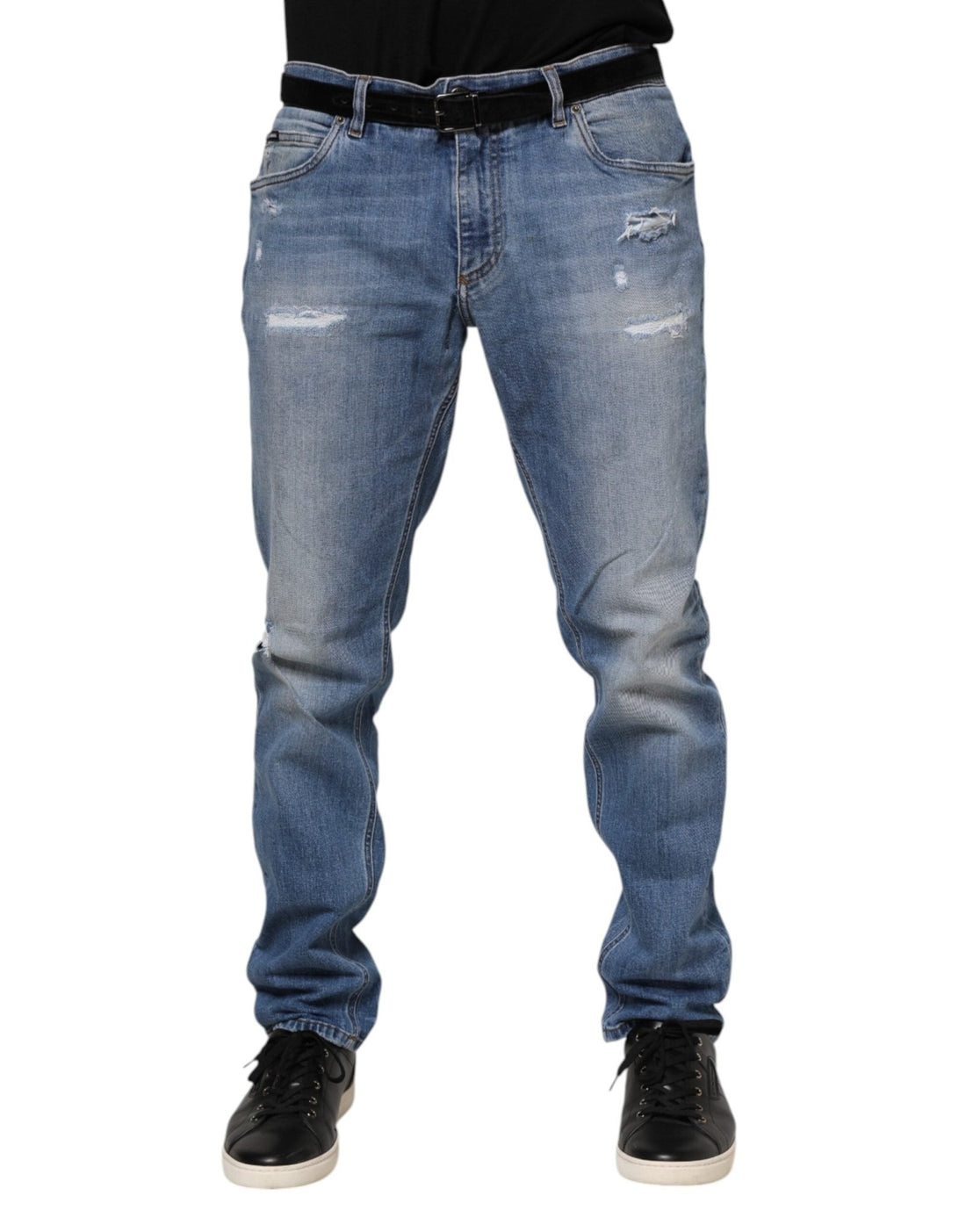 Dolce & Gabbana Blue Washed Tattered Logo Plaque Denim Jeans - RIMODA