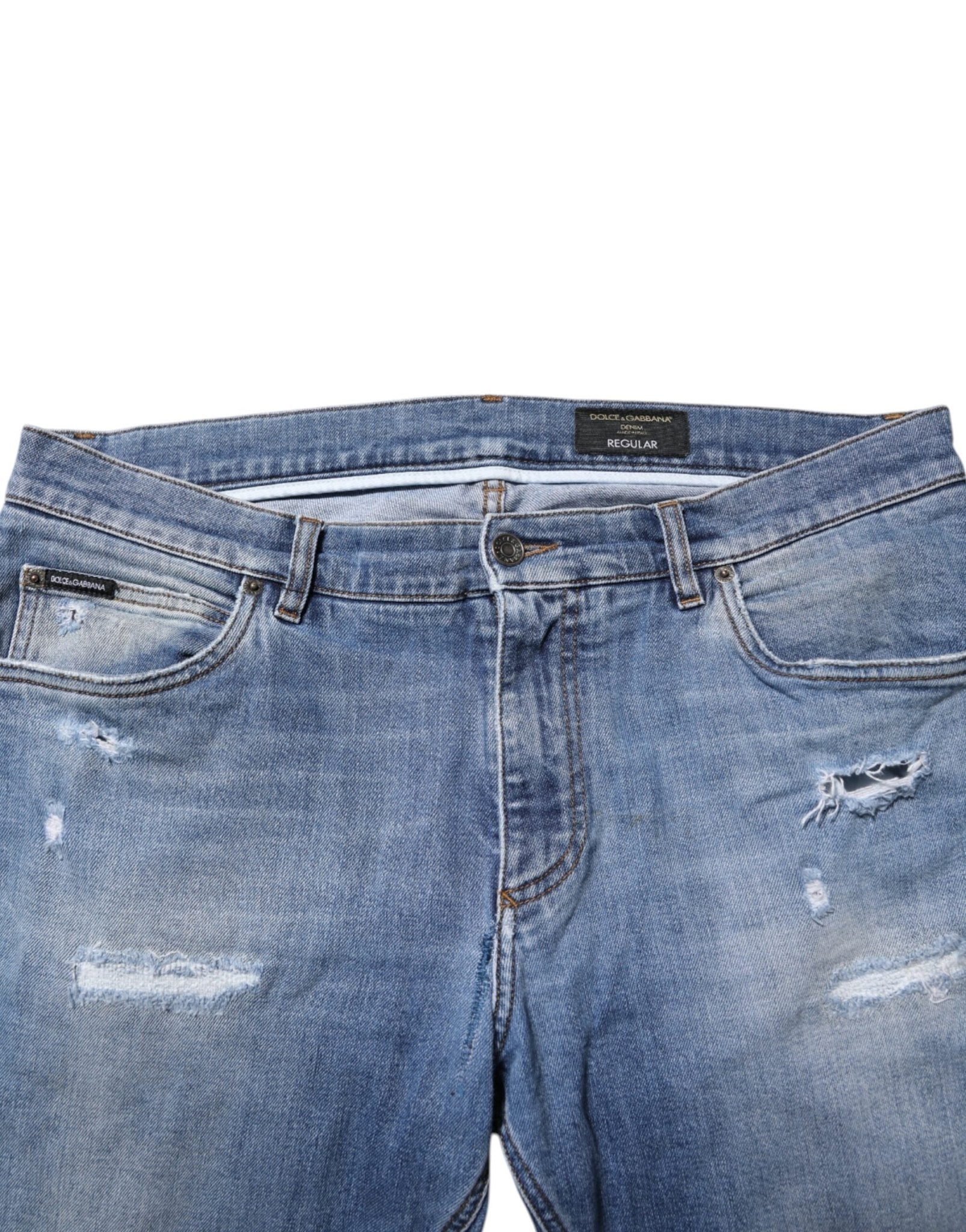 Dolce & Gabbana Blue Washed Tattered Logo Plaque Denim Jeans - RIMODA