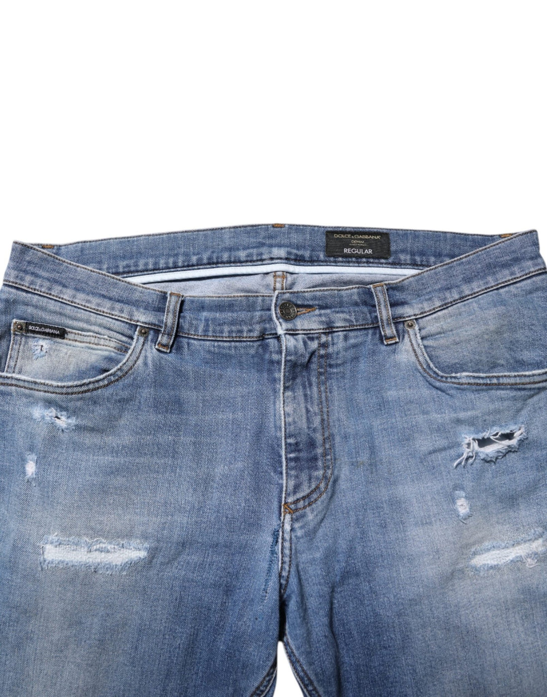 Dolce & Gabbana Blue Washed Tattered Logo Plaque Denim Jeans - RIMODA