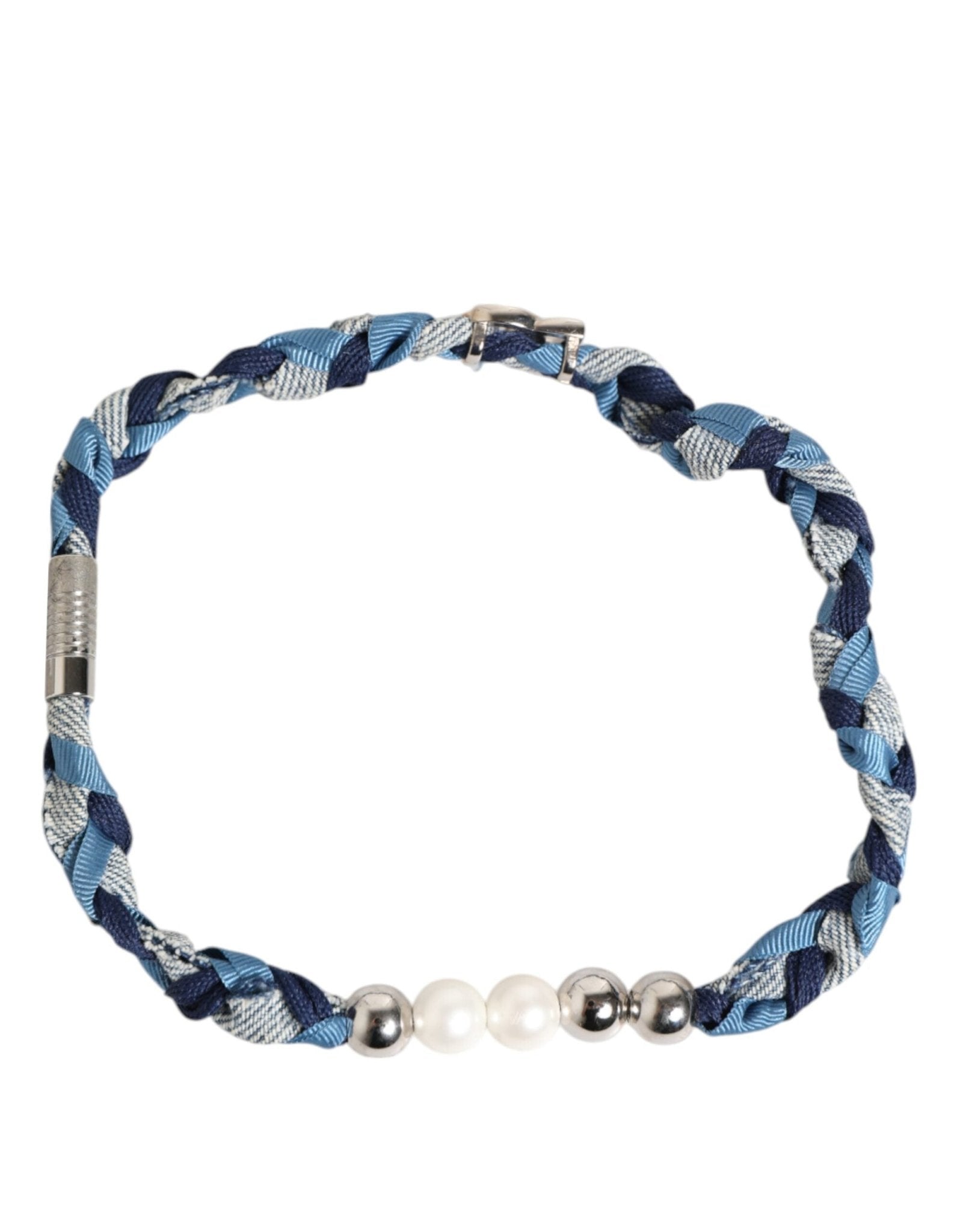 Dolce & Gabbana Blue White Braided Silver Metal Logo Beaded Men Bracelet - RIMODA