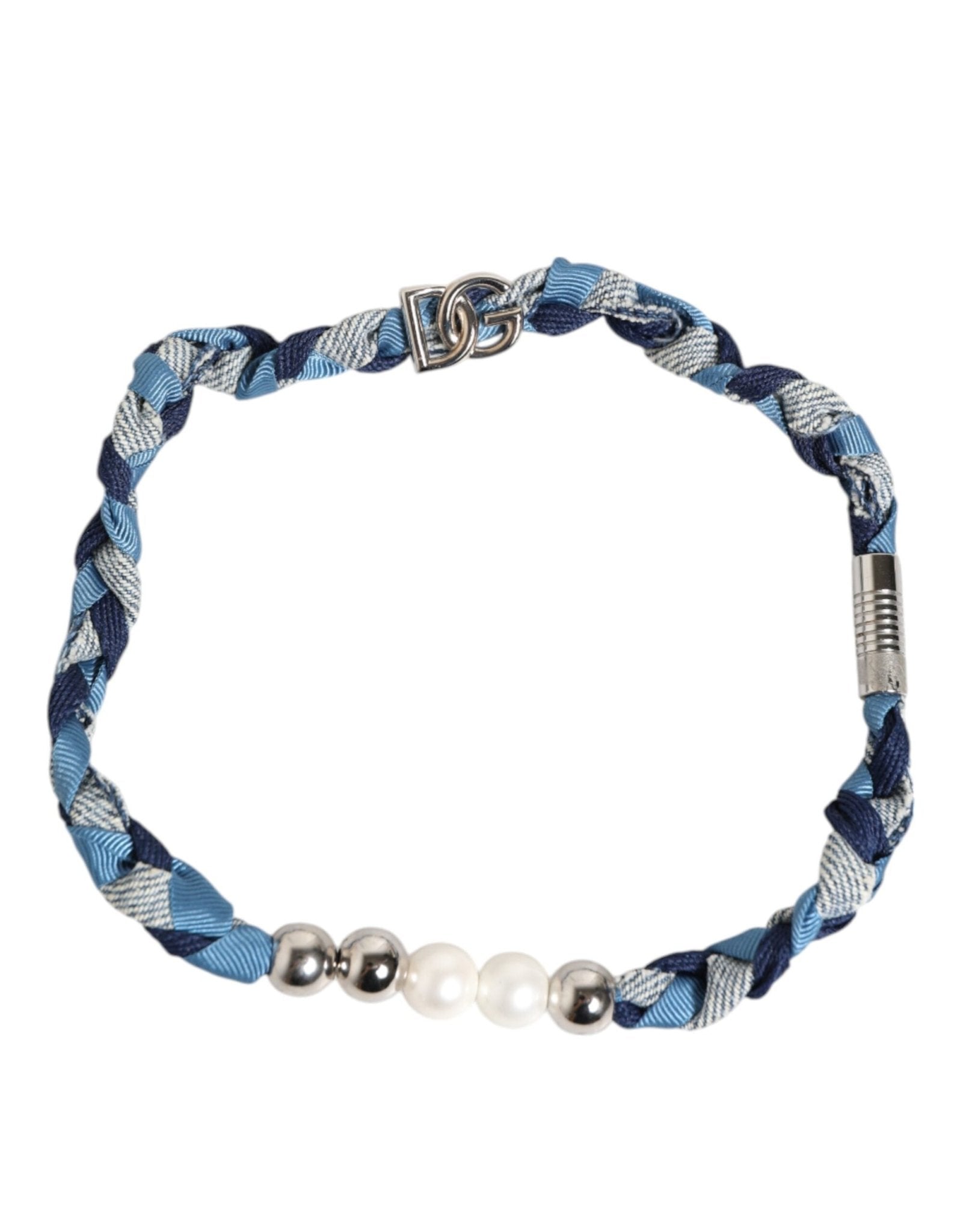 Dolce & Gabbana Blue White Braided Silver Metal Logo Beaded Men Bracelet - RIMODA