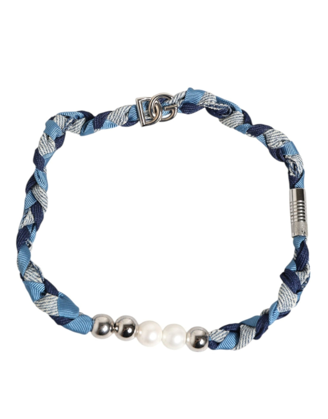 Dolce & Gabbana Blue White Braided Silver Metal Logo Beaded Men Bracelet - RIMODA