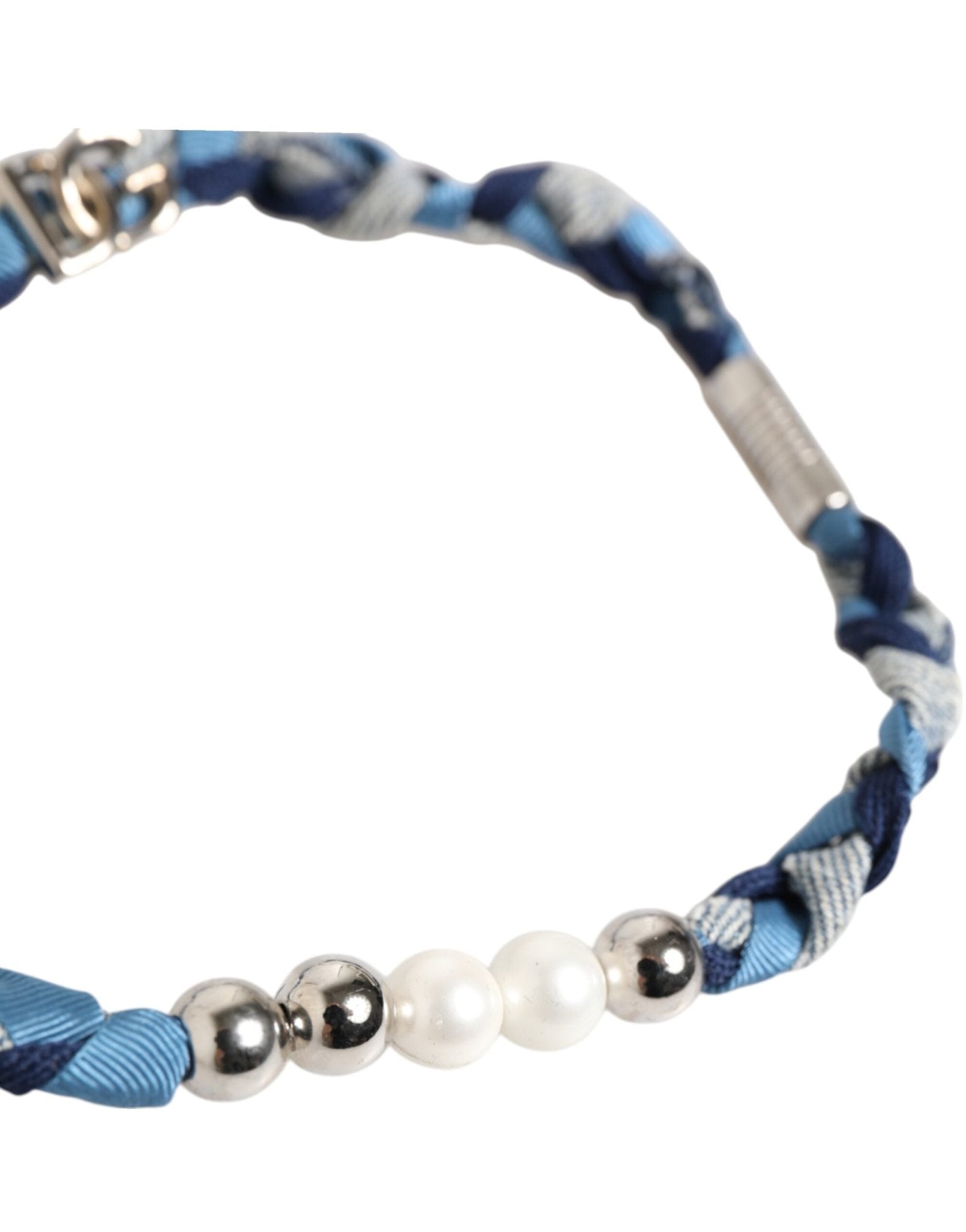 Dolce & Gabbana Blue White Braided Silver Metal Logo Beaded Men Bracelet - RIMODA