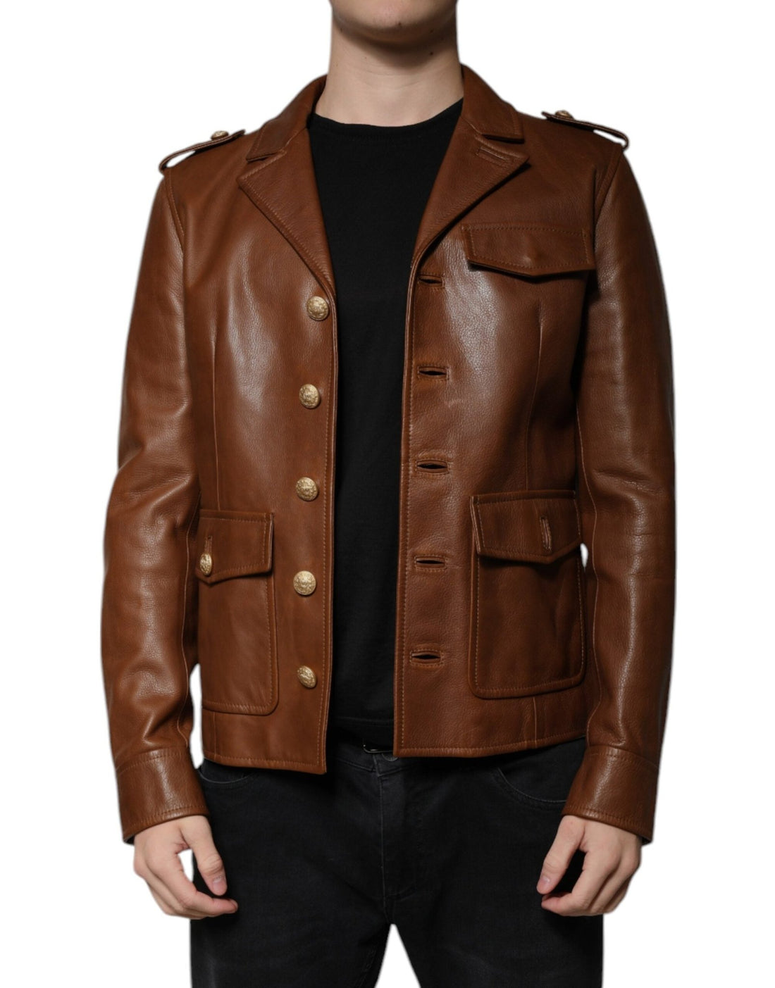 Dolce & Gabbana Brown Calfskin Leather Button Down Jacket - RIMODA