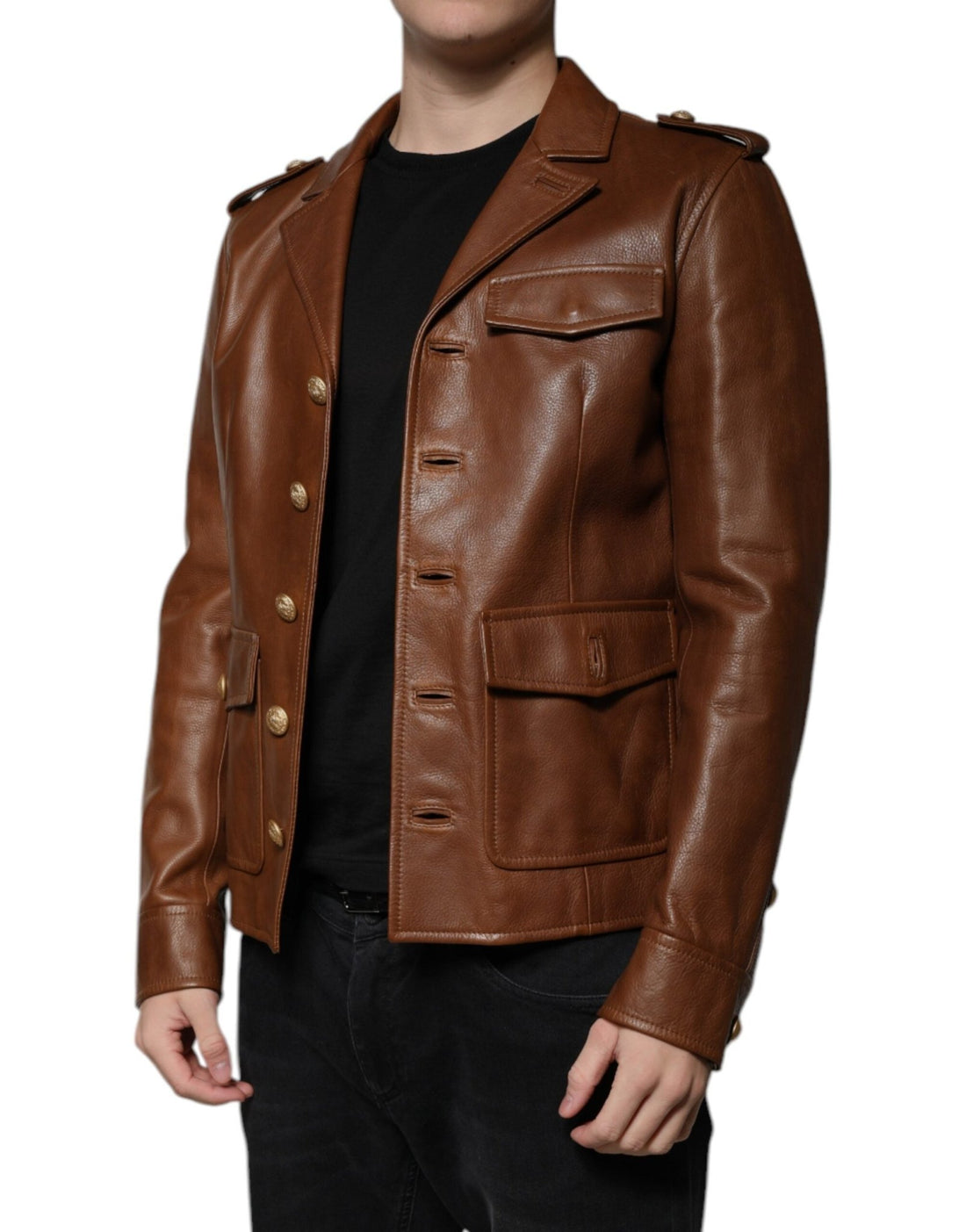 Dolce & Gabbana Brown Calfskin Leather Button Down Jacket - RIMODA