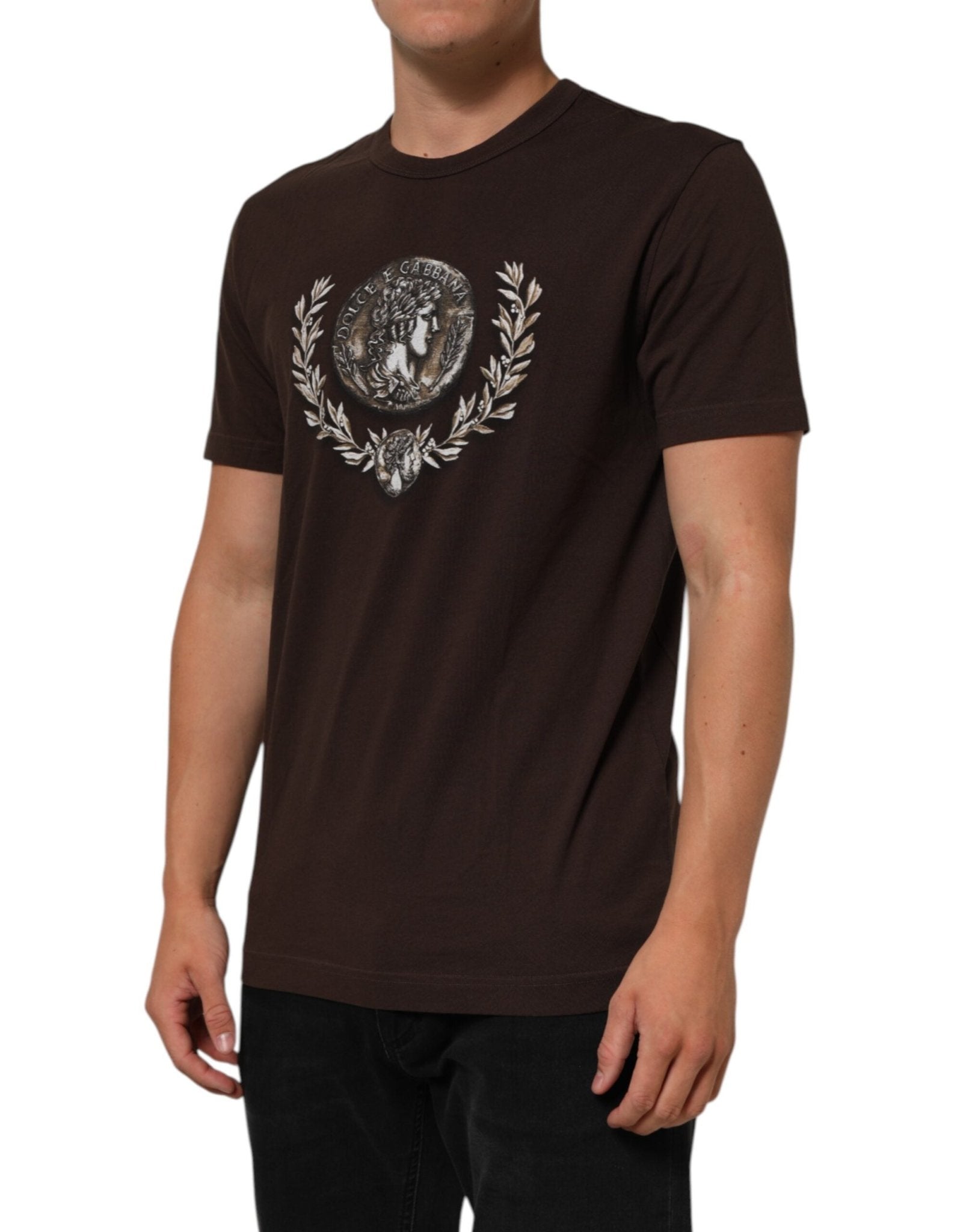 Dolce & Gabbana Brown Coin Laurel Print Men Crew Neck T-shirt - RIMODA