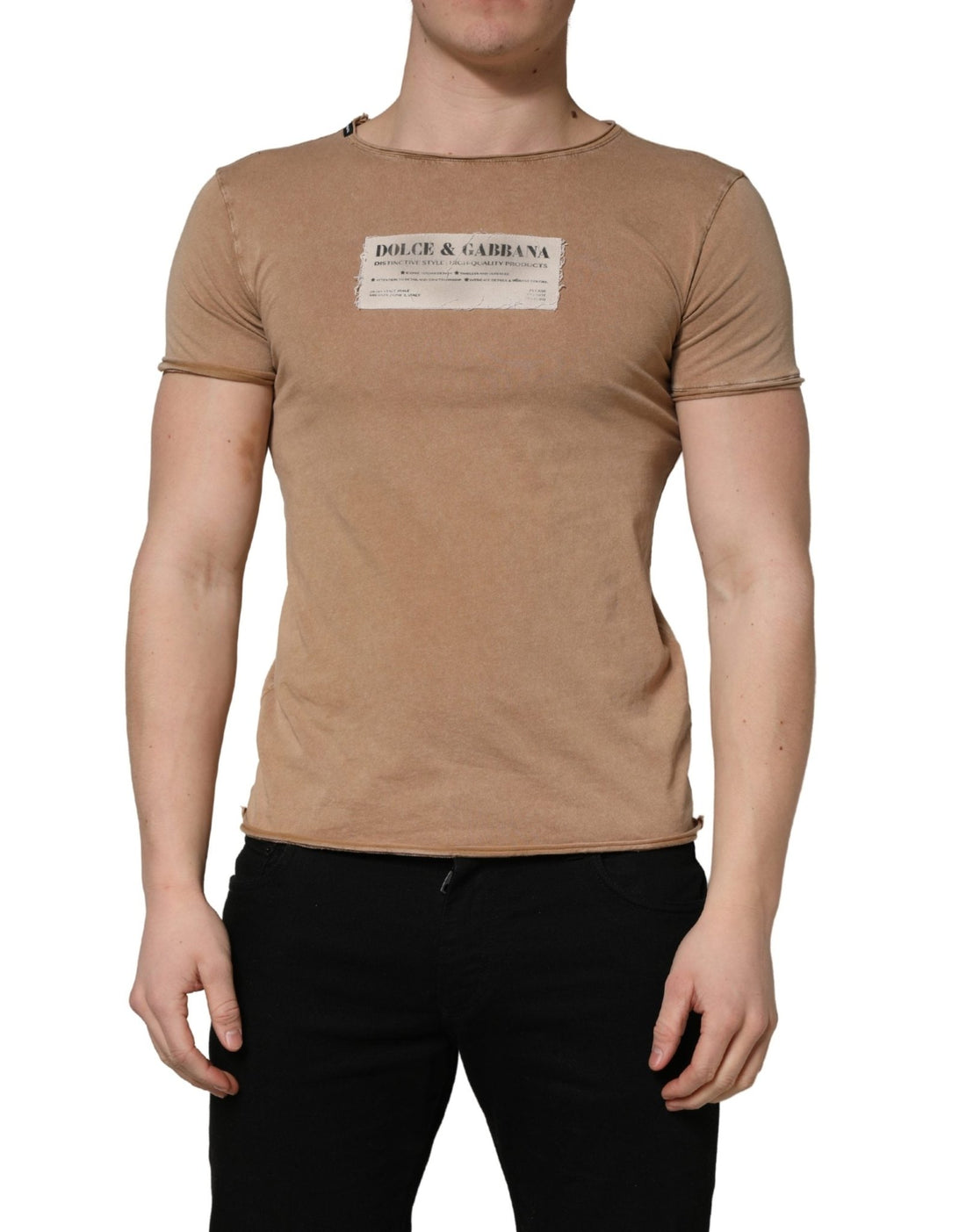 Dolce & Gabbana Brown Cotton Logo Patch Round Neck T-shirt - RIMODA
