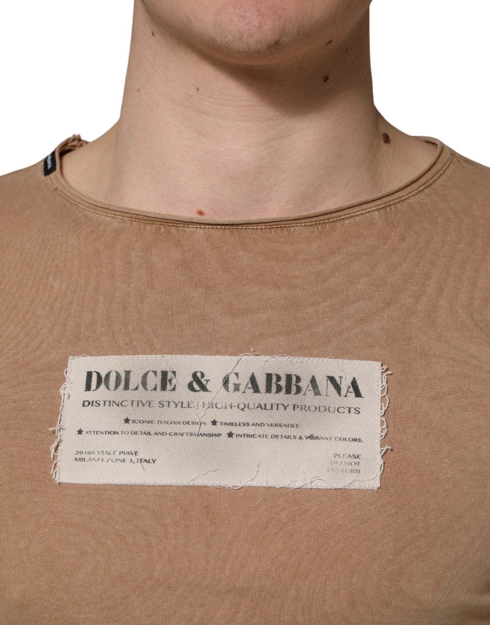 Dolce & Gabbana Brown Cotton Logo Patch Round Neck T-shirt - RIMODA