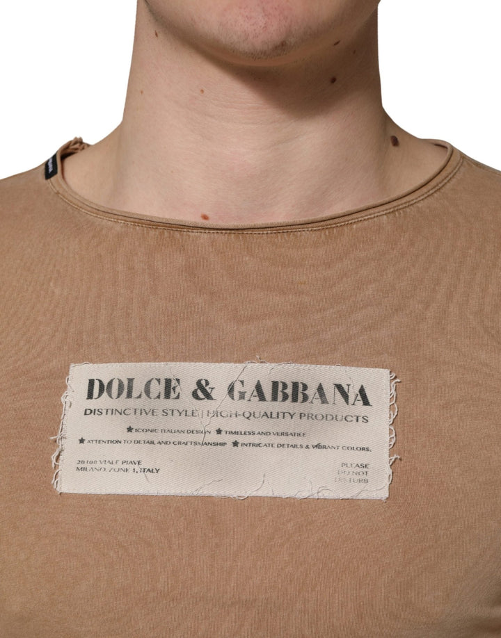 Dolce & Gabbana Brown Cotton Logo Patch Round Neck T-shirt - RIMODA
