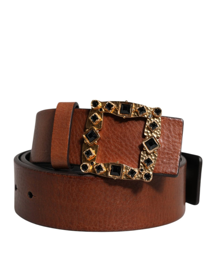 Dolce & Gabbana Brown Leather Gold Crystal Buckle Belt - RIMODA