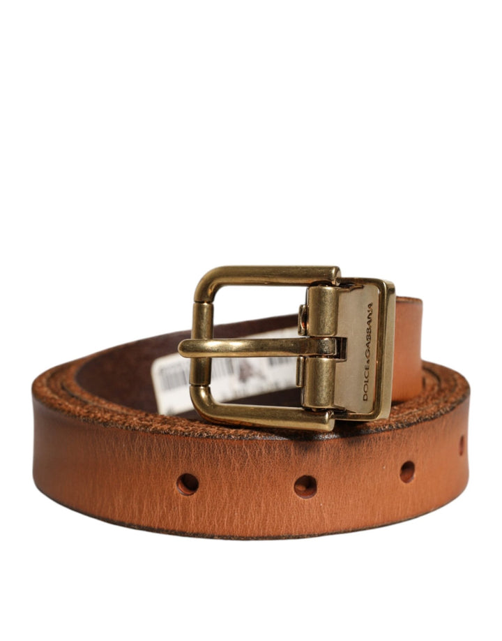 Dolce & Gabbana Brown Leather Gold Tone Metal Buckle Belt - RIMODA