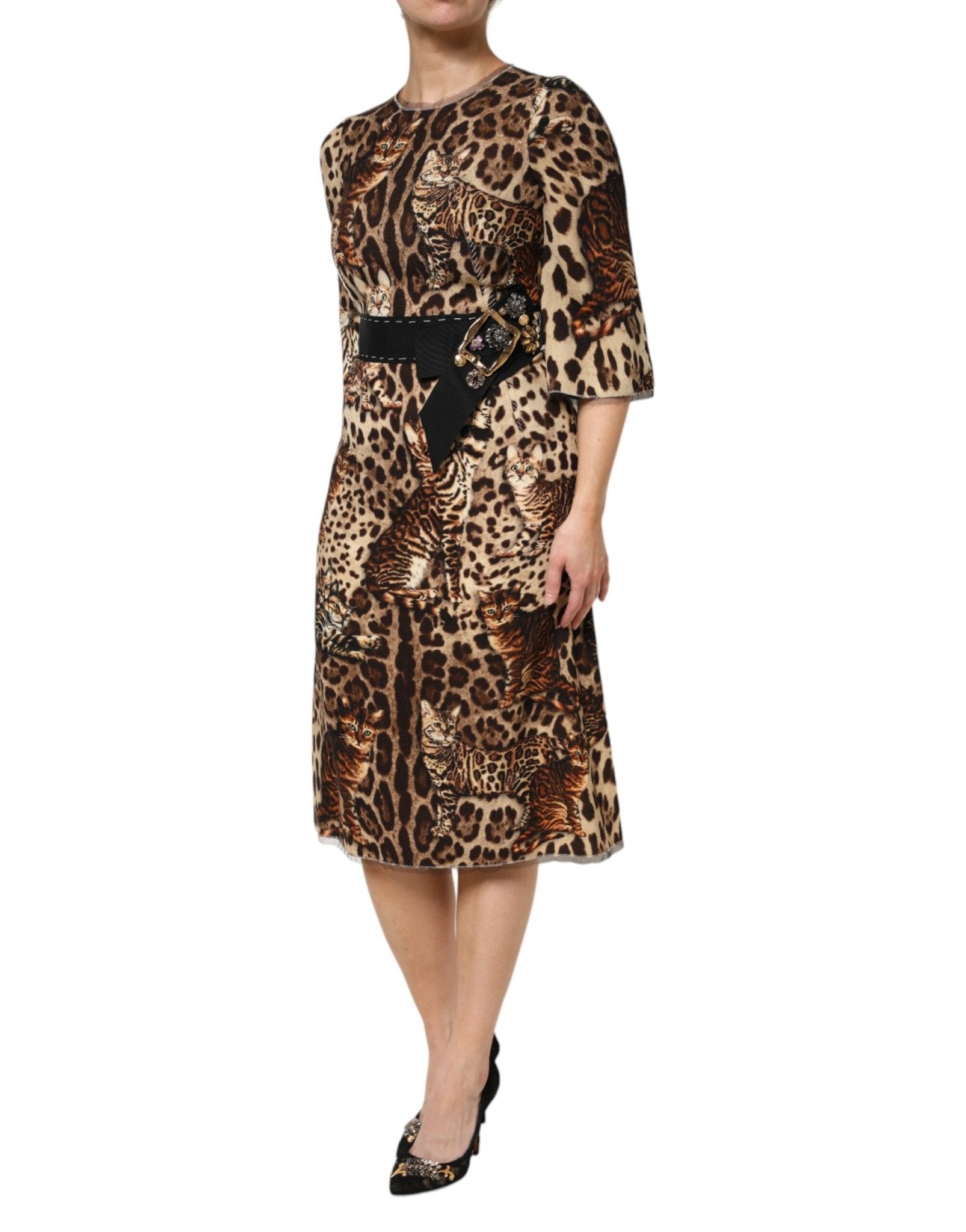 Dolce & Gabbana Brown Leopard Print Belted A-line Midi Dress - RIMODA