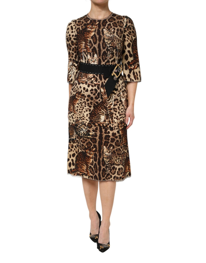Dolce & Gabbana Brown Leopard Print Belted A-line Midi Dress - RIMODA