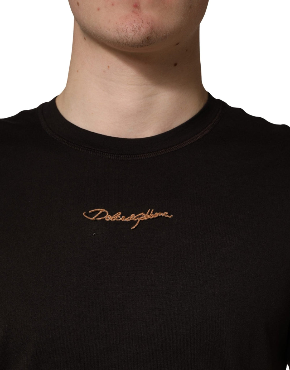 Dolce & Gabbana Brown Logo Embroidered Men Crew Neck T-shirt - RIMODA