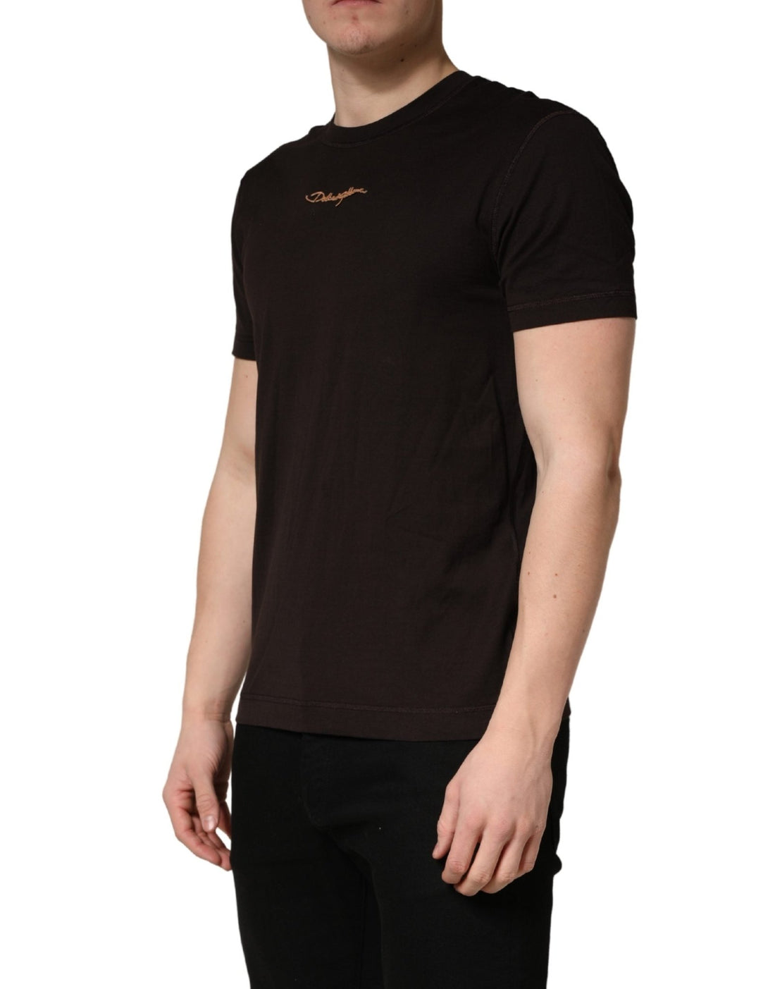 Dolce & Gabbana Brown Logo Embroidered Men Crew Neck T-shirt - RIMODA