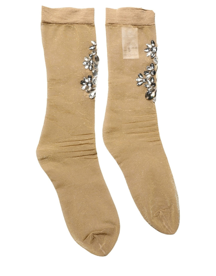 Dolce & Gabbana Brown Stretch Floral Clear Crystal Stockings Socks - RIMODA