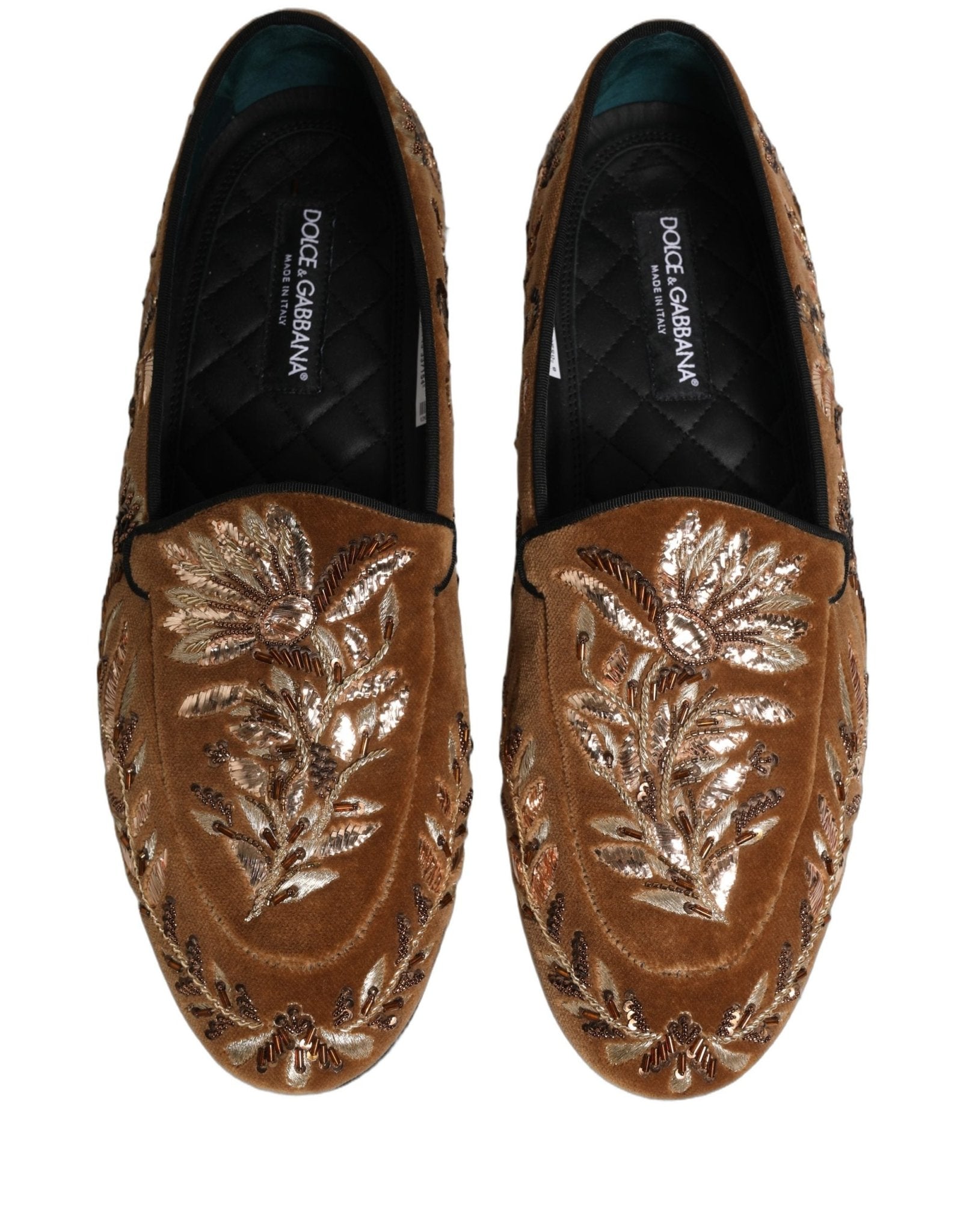 Dolce & Gabbana Brown Velvet Floral Embroidery Loafers Shoes - RIMODA
