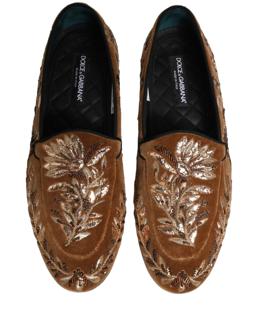 Dolce & Gabbana Brown Velvet Floral Embroidery Loafers Shoes - RIMODA