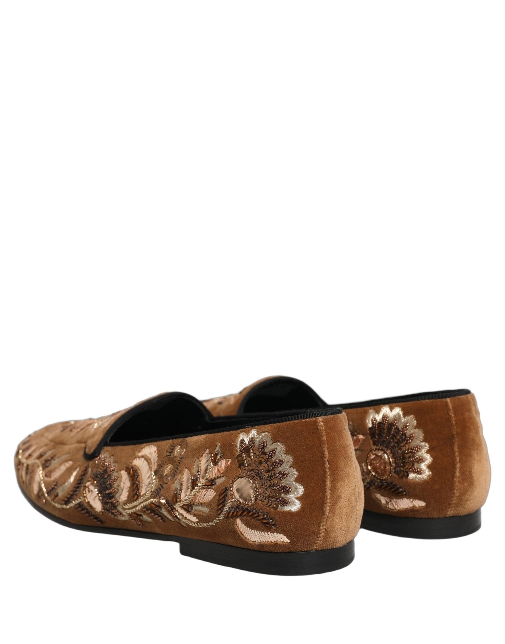 Dolce & Gabbana Brown Velvet Floral Embroidery Loafers Shoes - RIMODA