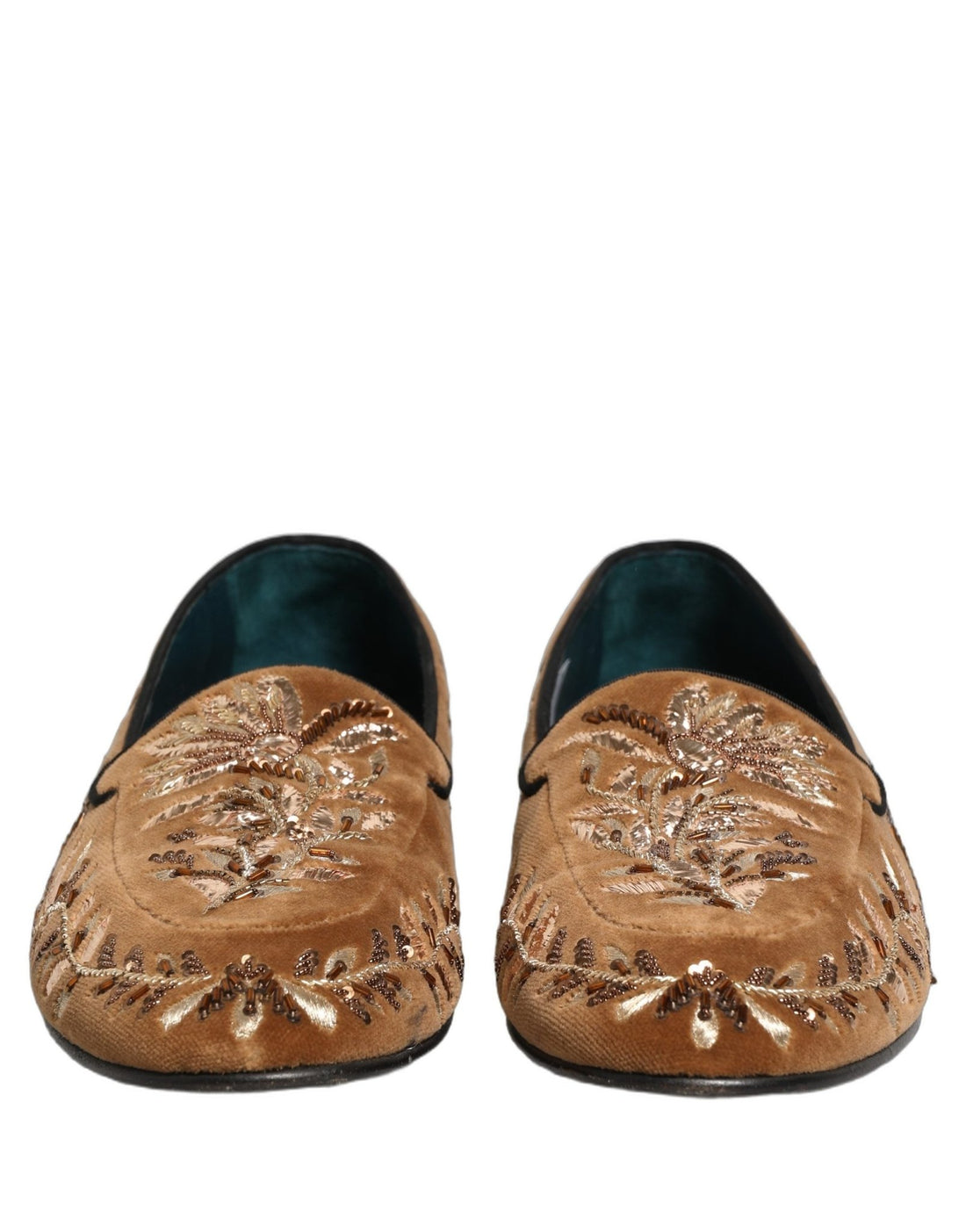Dolce & Gabbana Brown Velvet Floral Embroidery Loafers Shoes - RIMODA