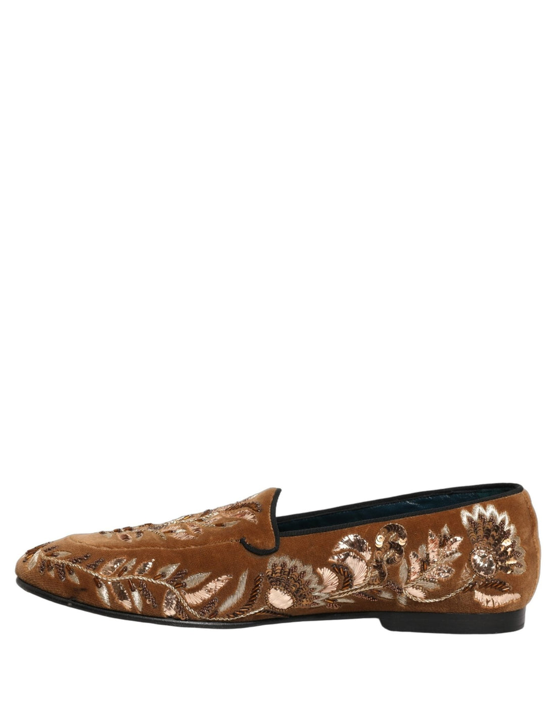 Dolce & Gabbana Brown Velvet Floral Embroidery Loafers Shoes - RIMODA