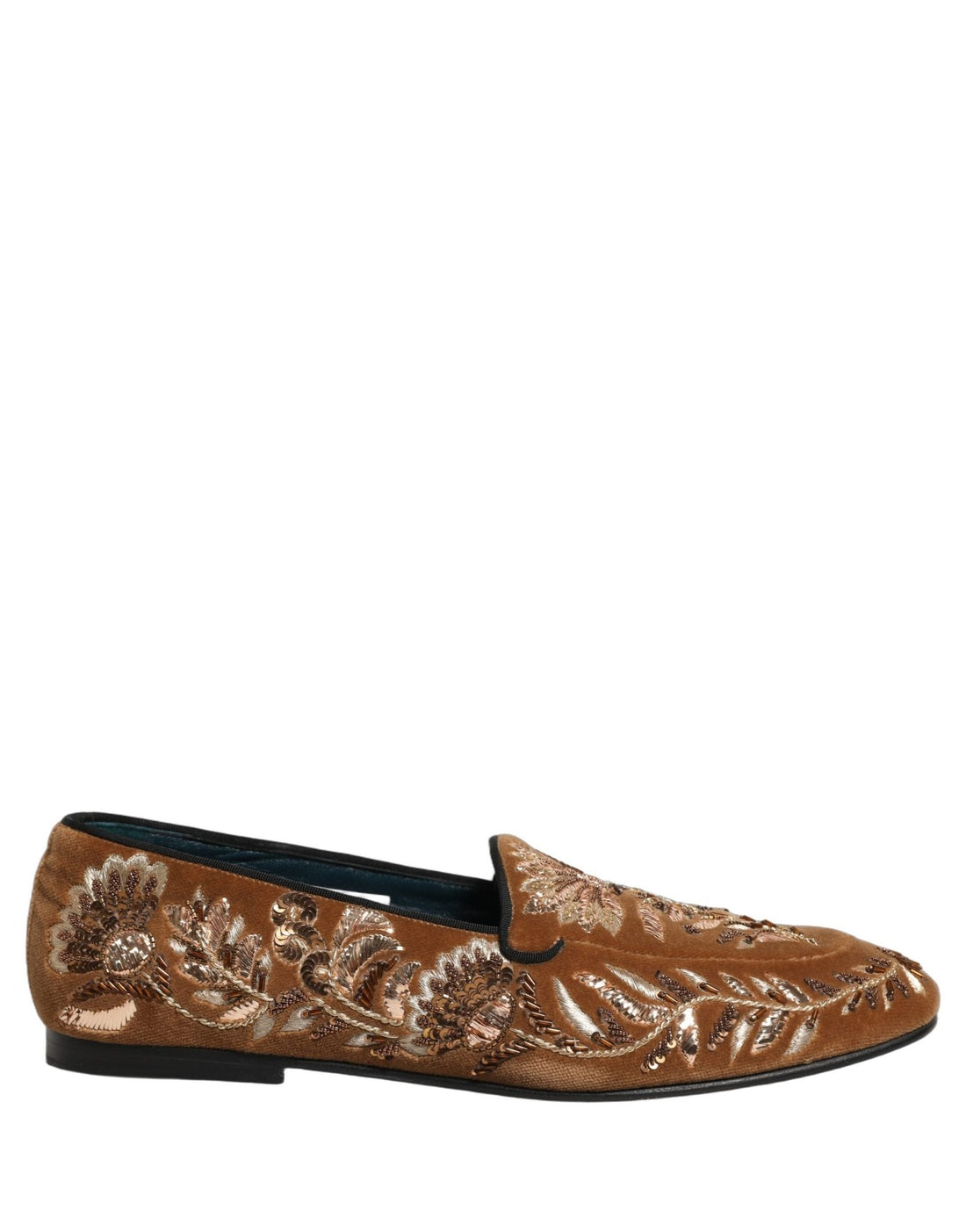 Dolce & Gabbana Brown Velvet Floral Embroidery Loafers Shoes - RIMODA