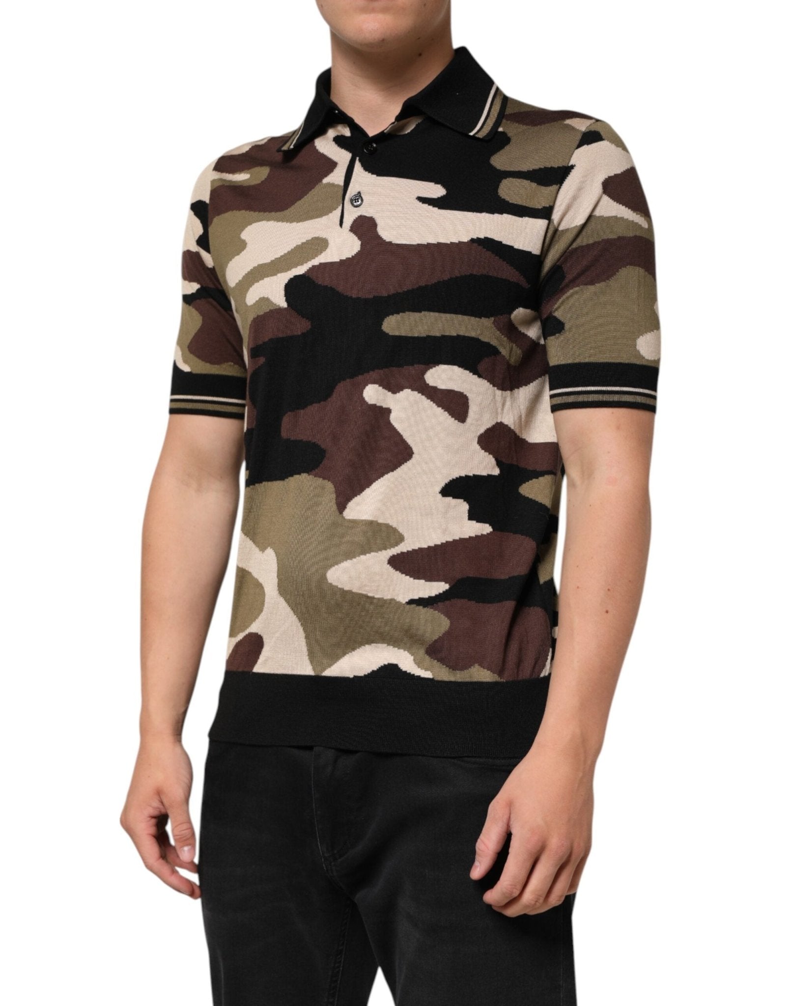 Dolce & Gabbana Camouflage Brown Silk Military Polo T-shirt - RIMODA
