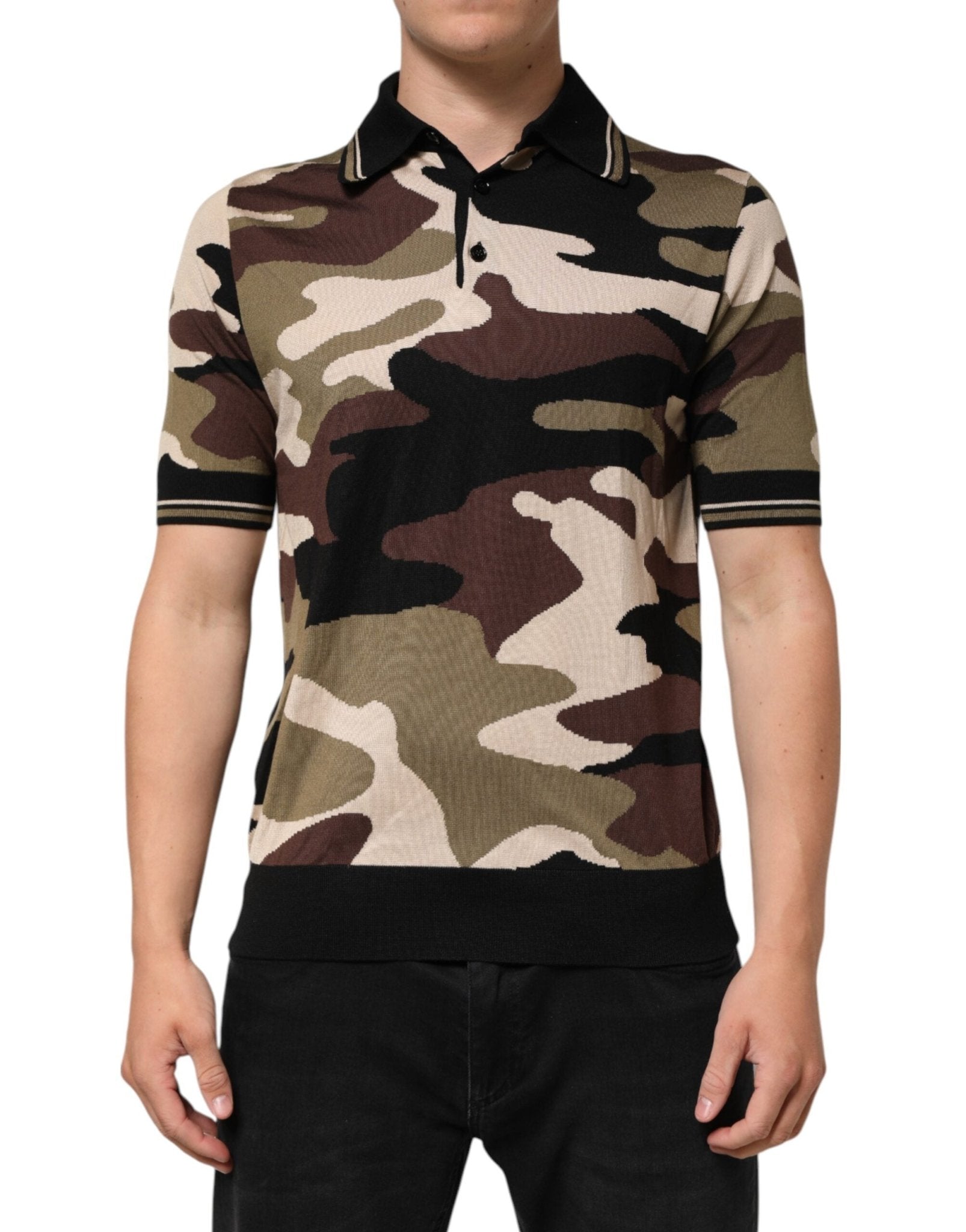 Dolce & Gabbana Camouflage Brown Silk Military Polo T-shirt - RIMODA