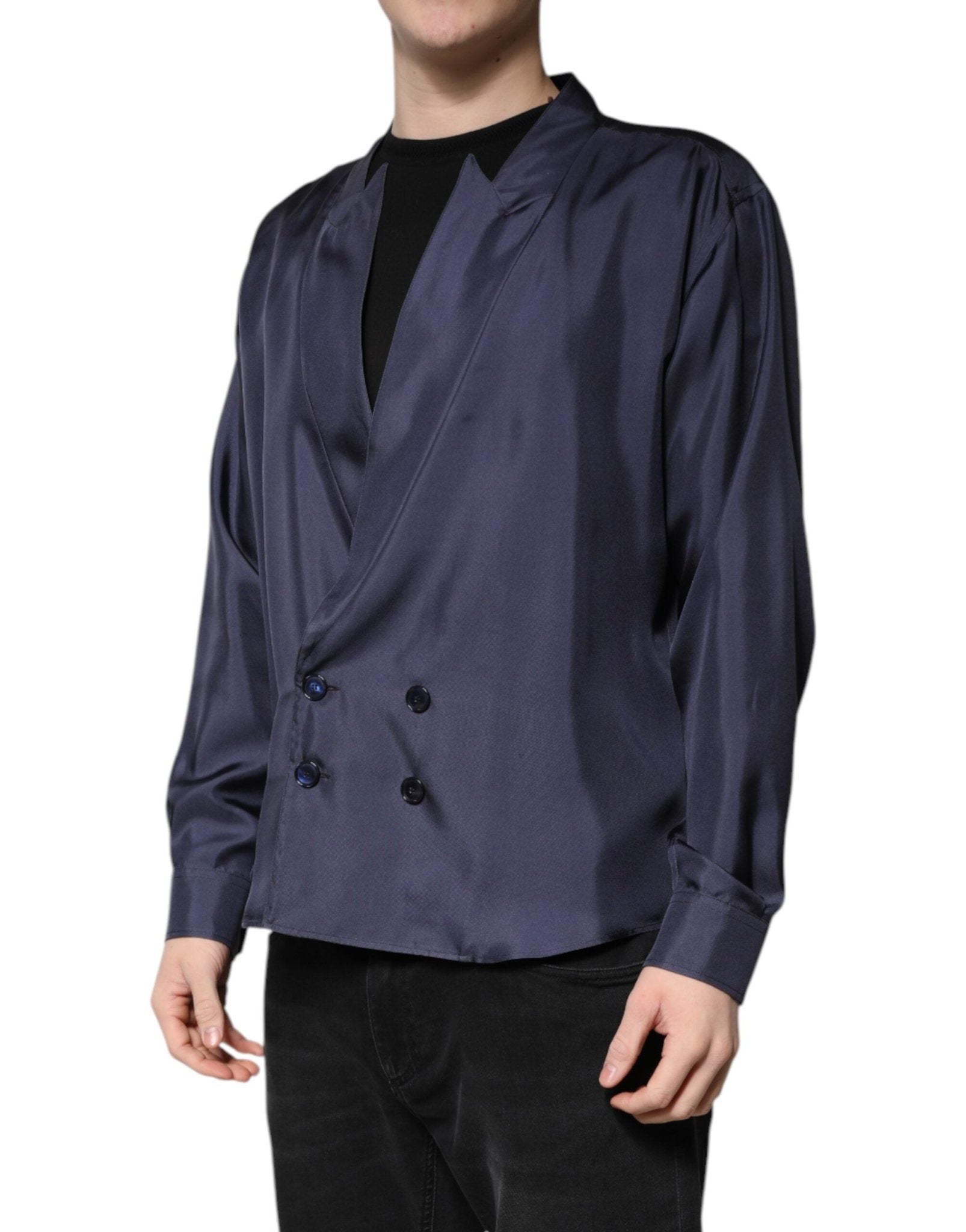 Dolce & Gabbana Dark Blue Silk Double Breasted Shirt - RIMODA