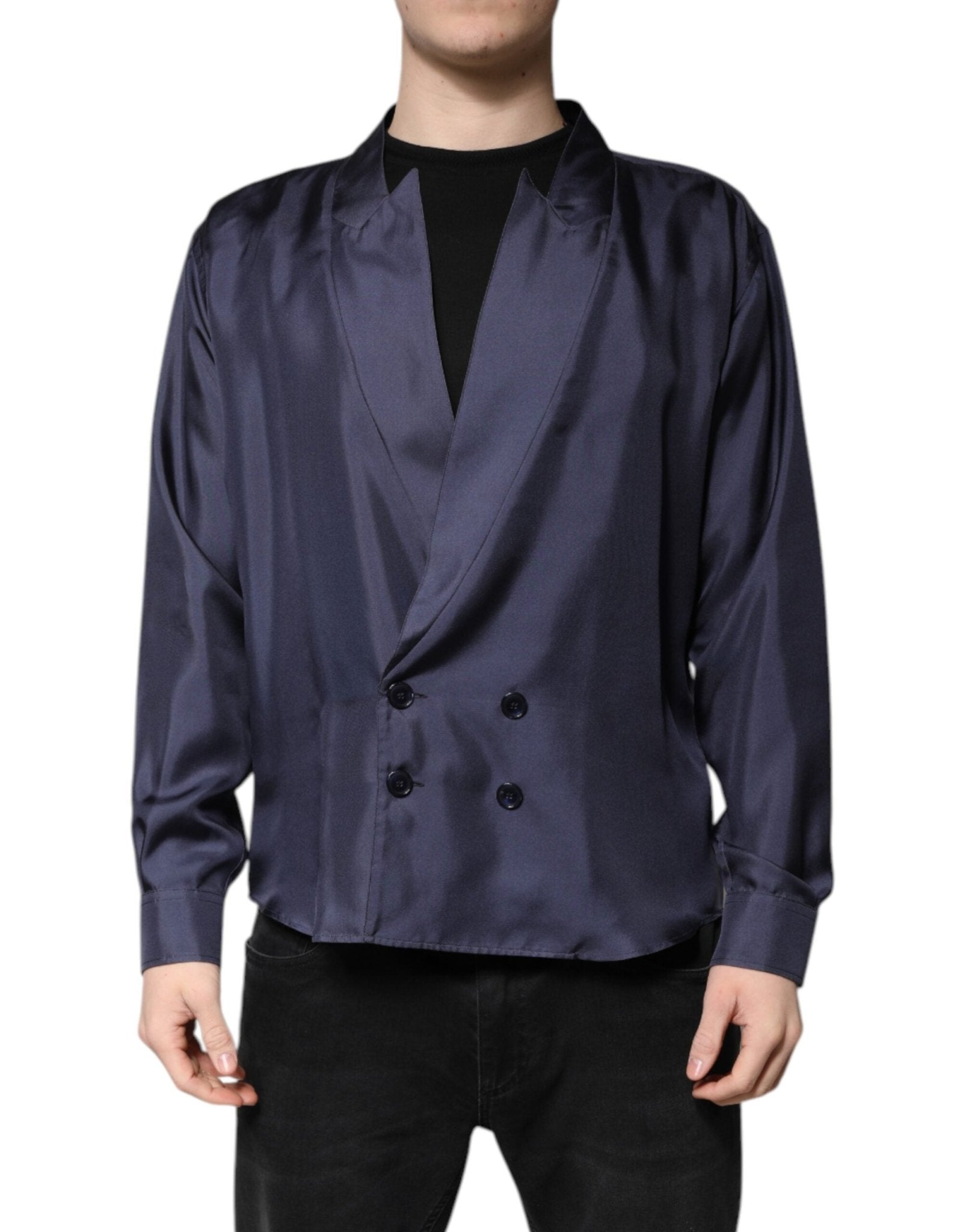 Dolce & Gabbana Dark Blue Silk Double Breasted Shirt - RIMODA