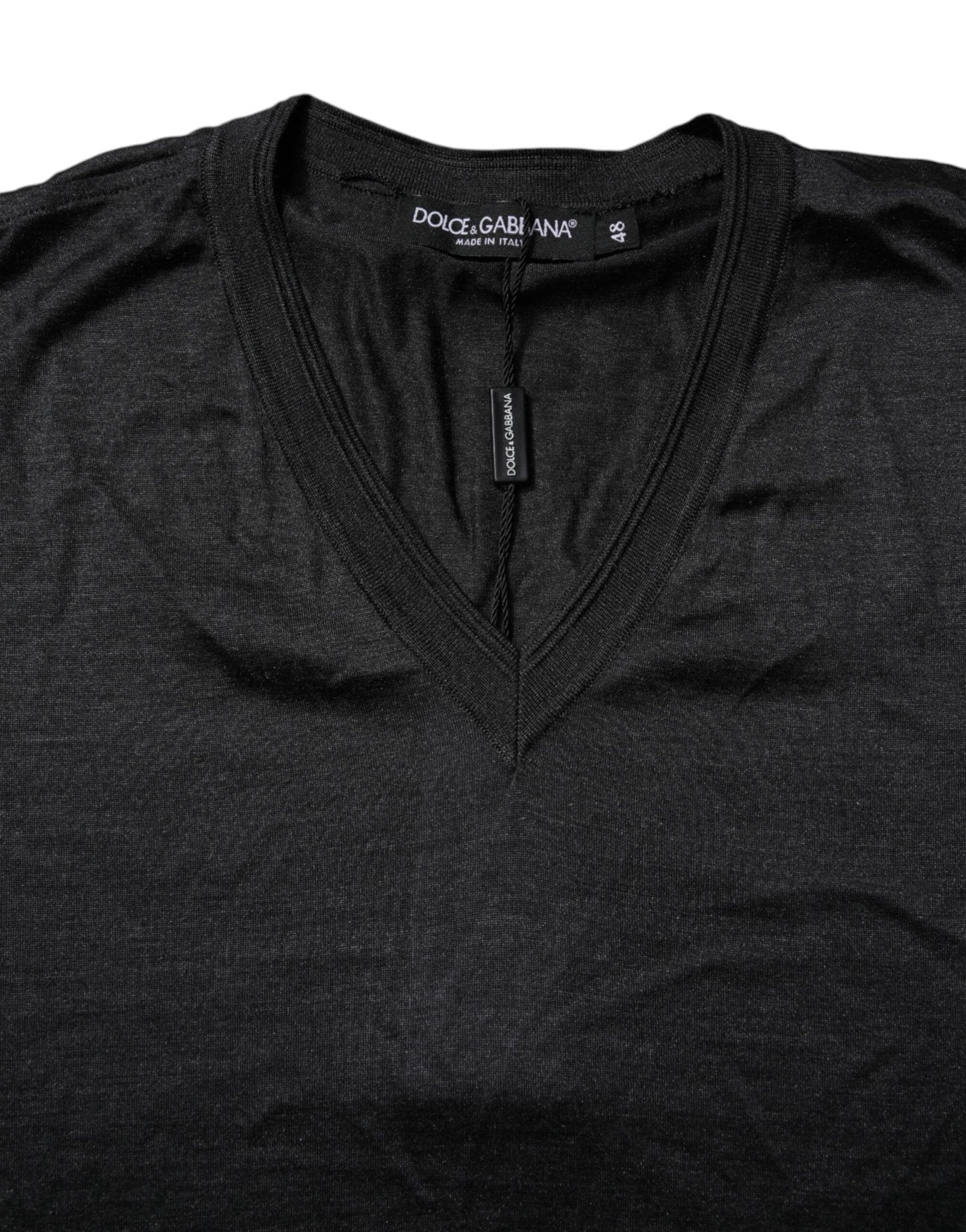 Dolce & Gabbana Dark Gray Silk V-neck Short Sleeves T-shirt - RIMODA
