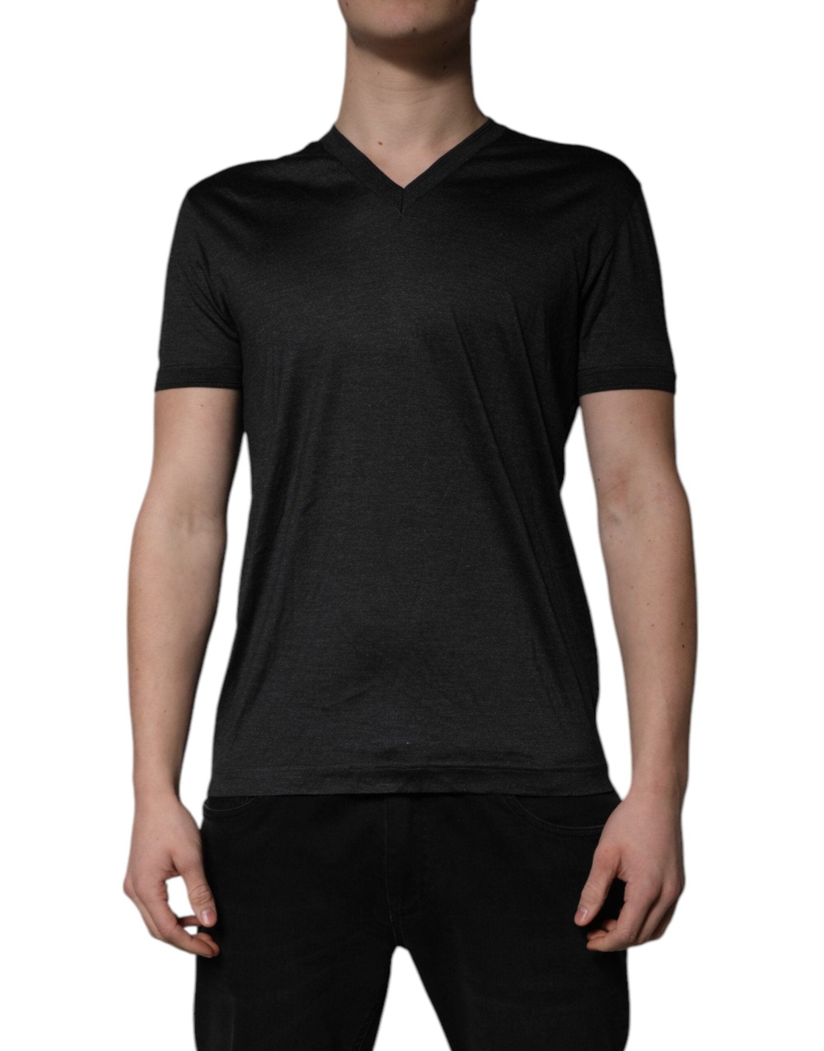 Dolce & Gabbana Dark Gray Silk V-neck Short Sleeves T-shirt - RIMODA