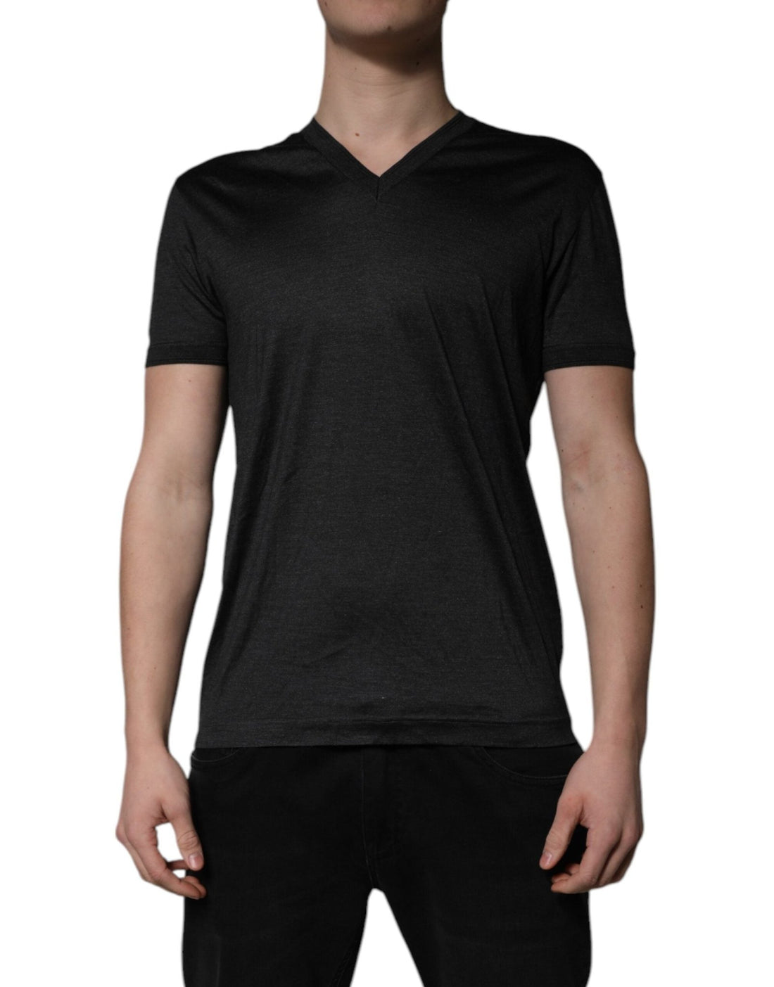 Dolce & Gabbana Dark Gray Silk V-neck Short Sleeves T-shirt - RIMODA